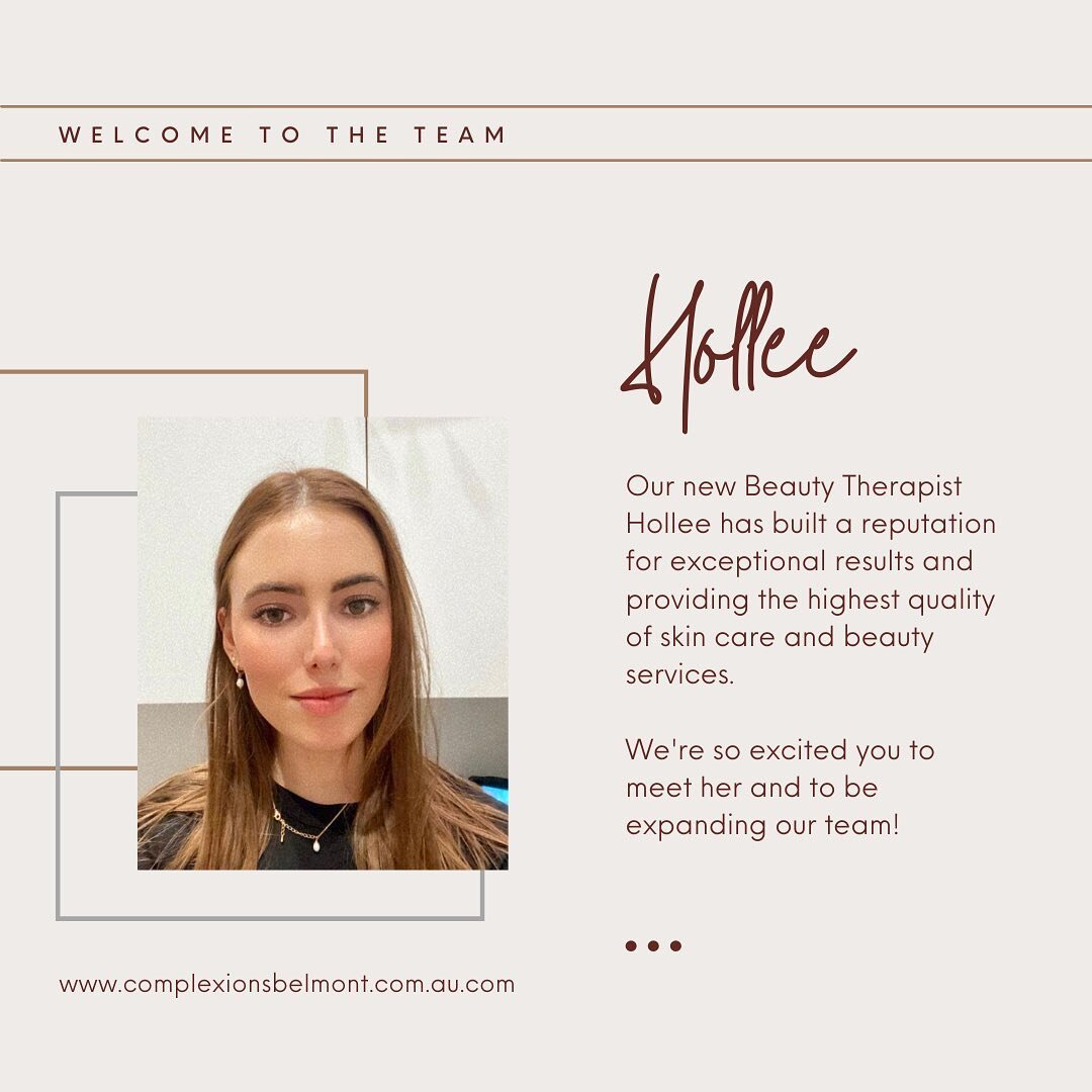 Welcome to our newest member! 💕

Complexions is excited to be expanding our team and we can&rsquo;t wait for you all to meet Hollee...
.
.
.
#perthcosmeticclinic #cosmeticclinicperth #perthisok #dermaltherapistperth #belmontcosmeticclinic #beautysal