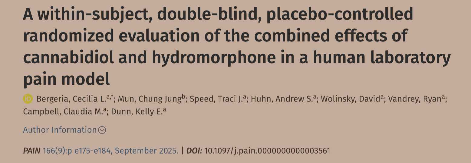 Una evaluación aleatoria, doble ciego y controlada con placebo, intraindividual, de los efectos combinados del cannabidiol y la hidromorfona en un modelo de dolor de laboratorio humano.