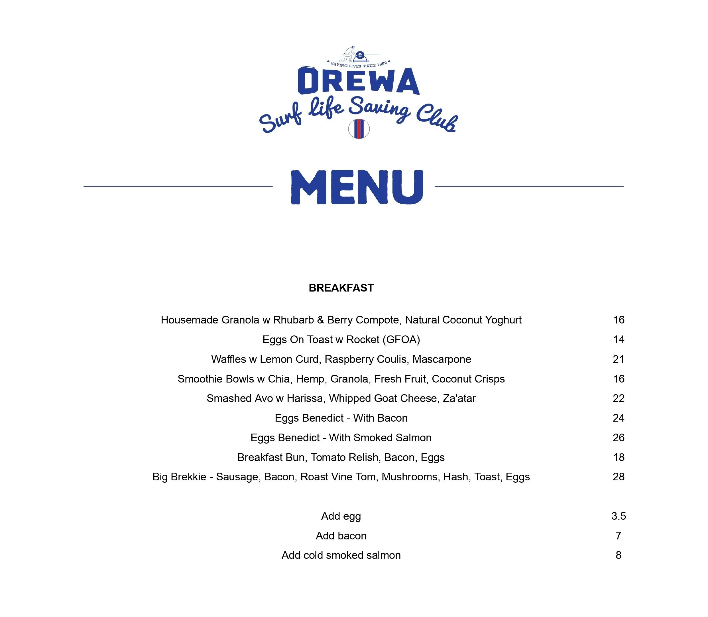 Menu — Ōrewa Surf Life Saving Club