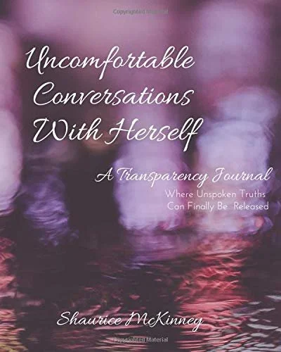 Book cover titled 'Uncomfortable Conversations With Herself' by Shauree McKinney, with a blurred purple and pink background.