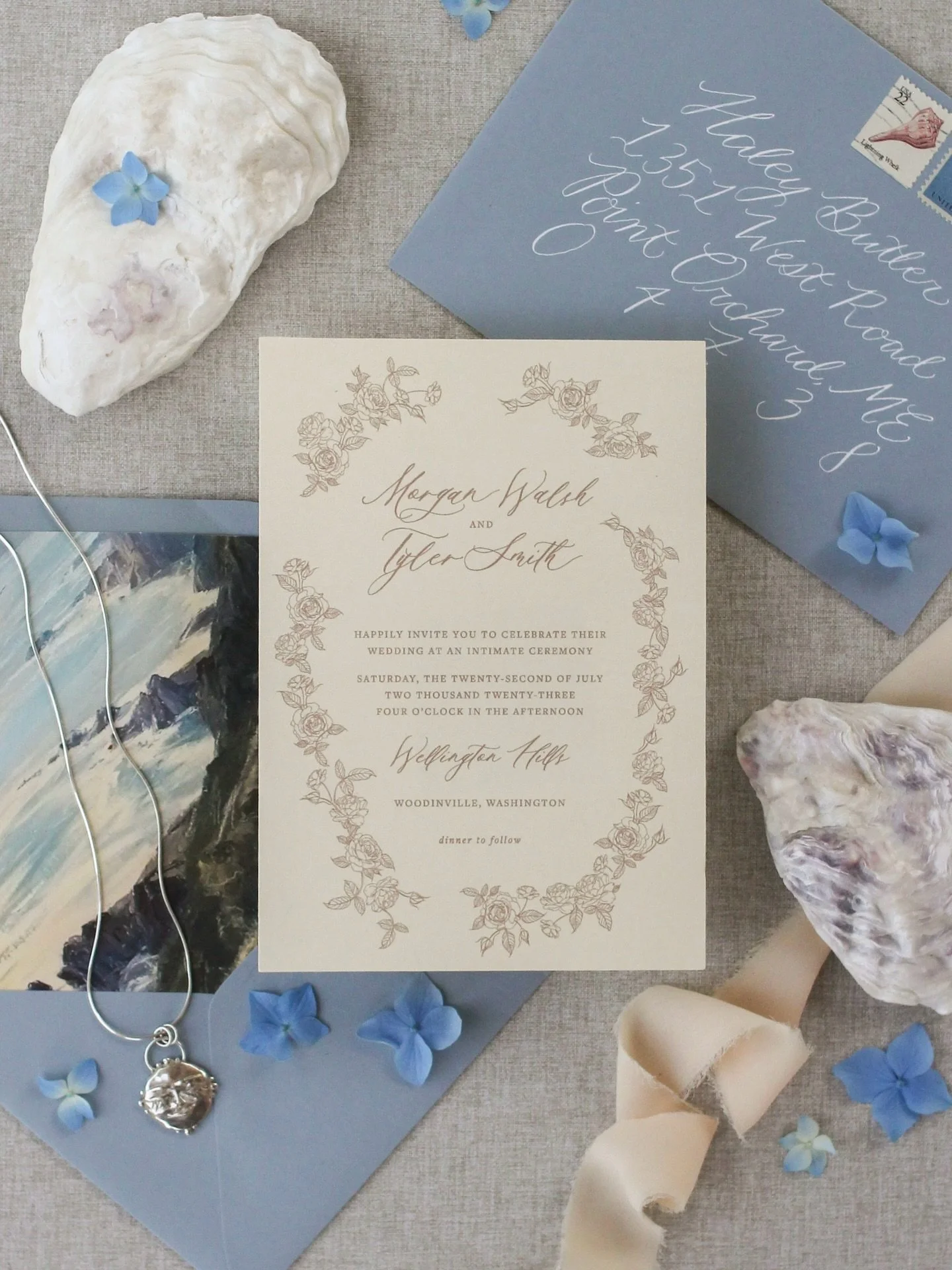 A dreamy coastal suite for late July ☁️🌊🐚 white calligraphy on these light blue envelopes are making me so happy right now!

-

#weddingstationery #stationerydesign #fineartstationery #weddinginvitationdesign #luxuryinvitations #customweddinginvita