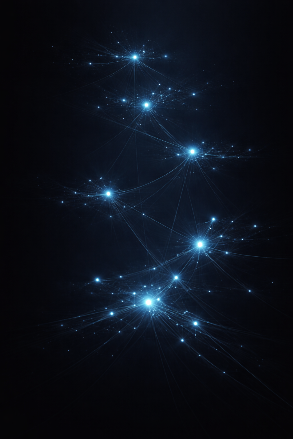 Digital artwork depicting interconnected glowing blue points and lines on a dark background, resembling a network or constellation.