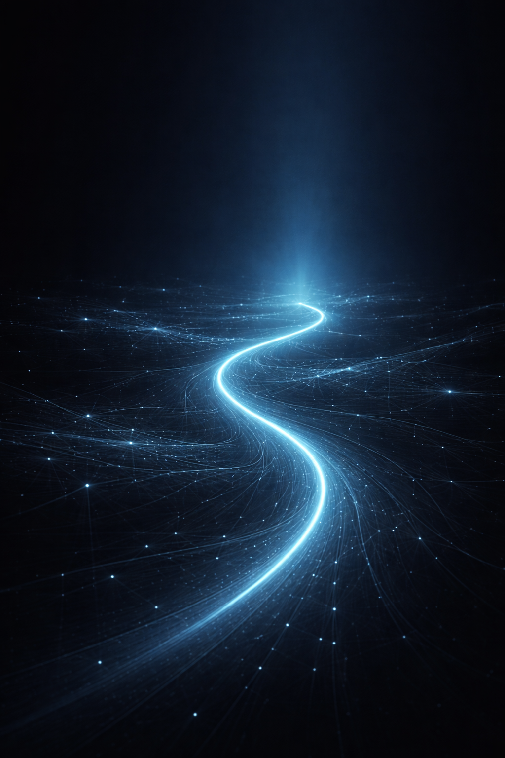 A digital rendering of a glowing, winding, neon blue path in space, with interconnected star-like points and networks of fine lines extending outward, creating a futuristic, cosmic scene.