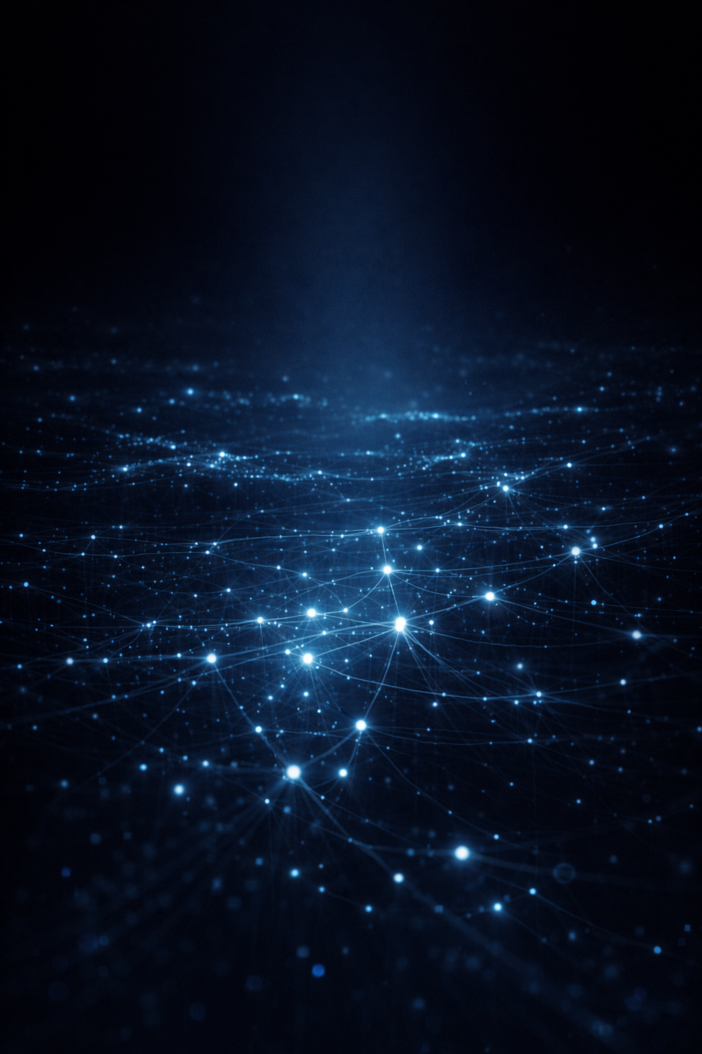 Digital network visualization with interconnected glowing blue nodes on a dark background.
