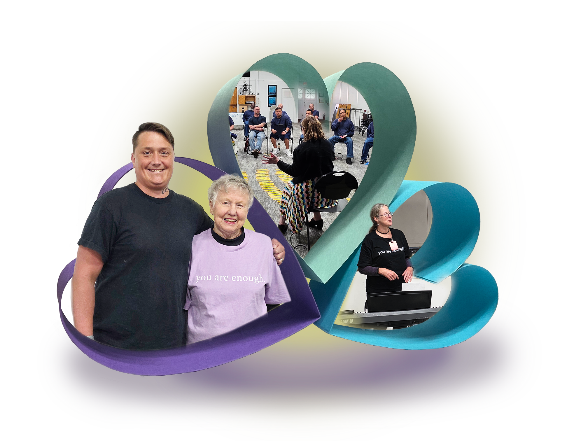 3 hearts logo withembedded images of in-prison workshop, inmate hugging volunteer, presenters