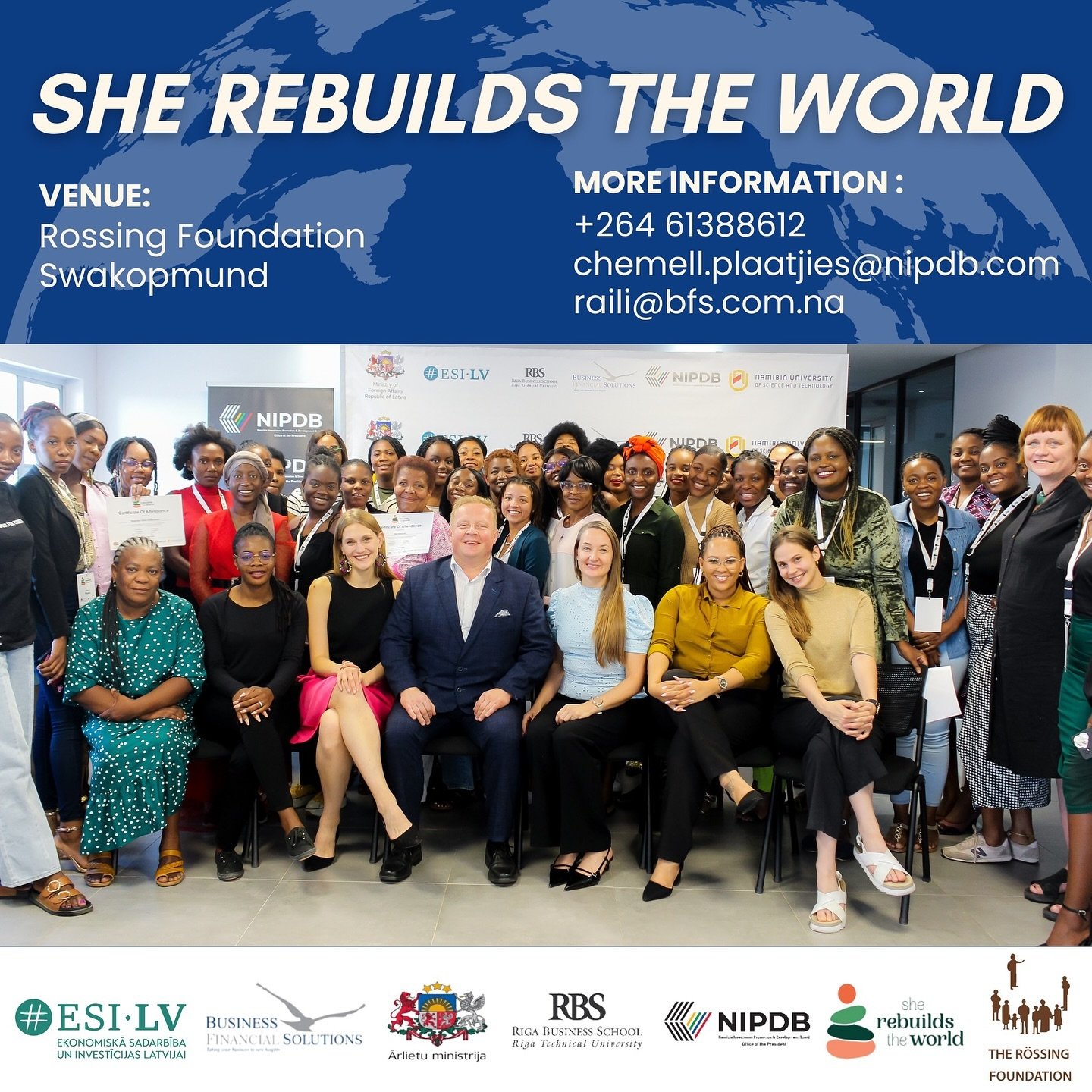Season 3 of She Rebuilds the World is here 🚀 Erongo region, now is the chance to take charge of your entrepreneurial future! 

Join us in Swakopmund, 29 October - 1 November at the Rossing Foundation! Apply by 20 September: https://forms.gle/GkvM8K9