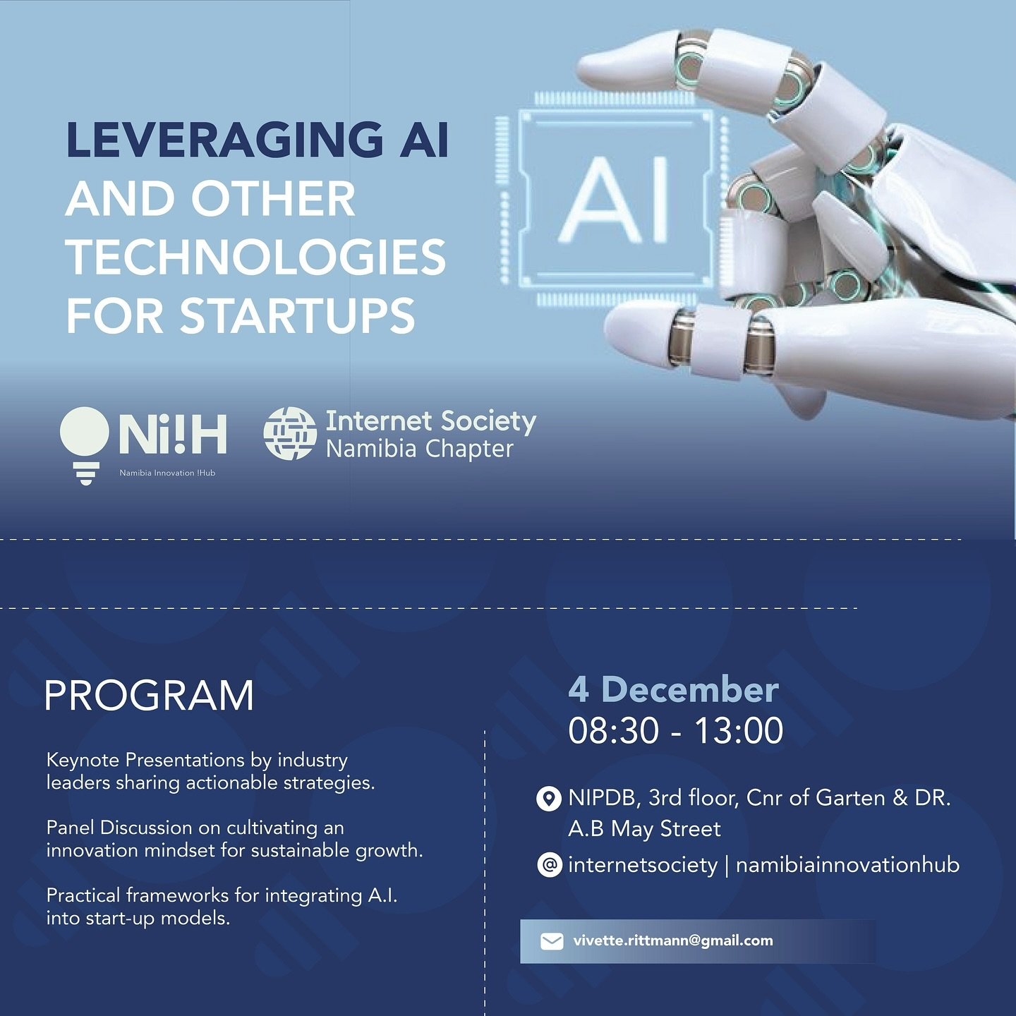 Join us for an inspiring morning at &ldquo;Leveraging AI and Other Technologies for Start-Ups&rdquo; on 4 December, from 08:30 to 13:00. With thought leaders like Matthias Geisler, industry insights from Debmarine Namibia, and a case study on AI inte