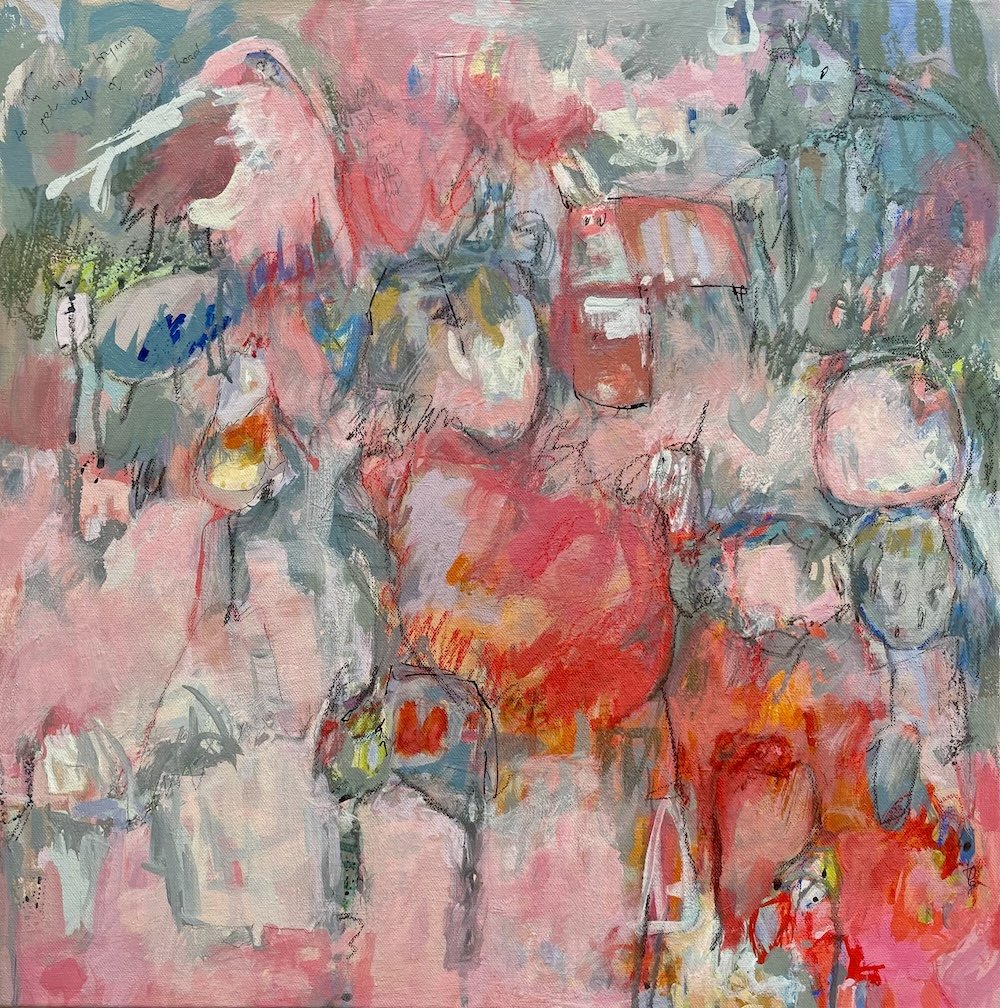 2024 original acrylic on canvas "It's My Mess And I'm In Love With My Candy Floss Feathers" 50cm x 50cm framed. Contact me by email. Price 600euro