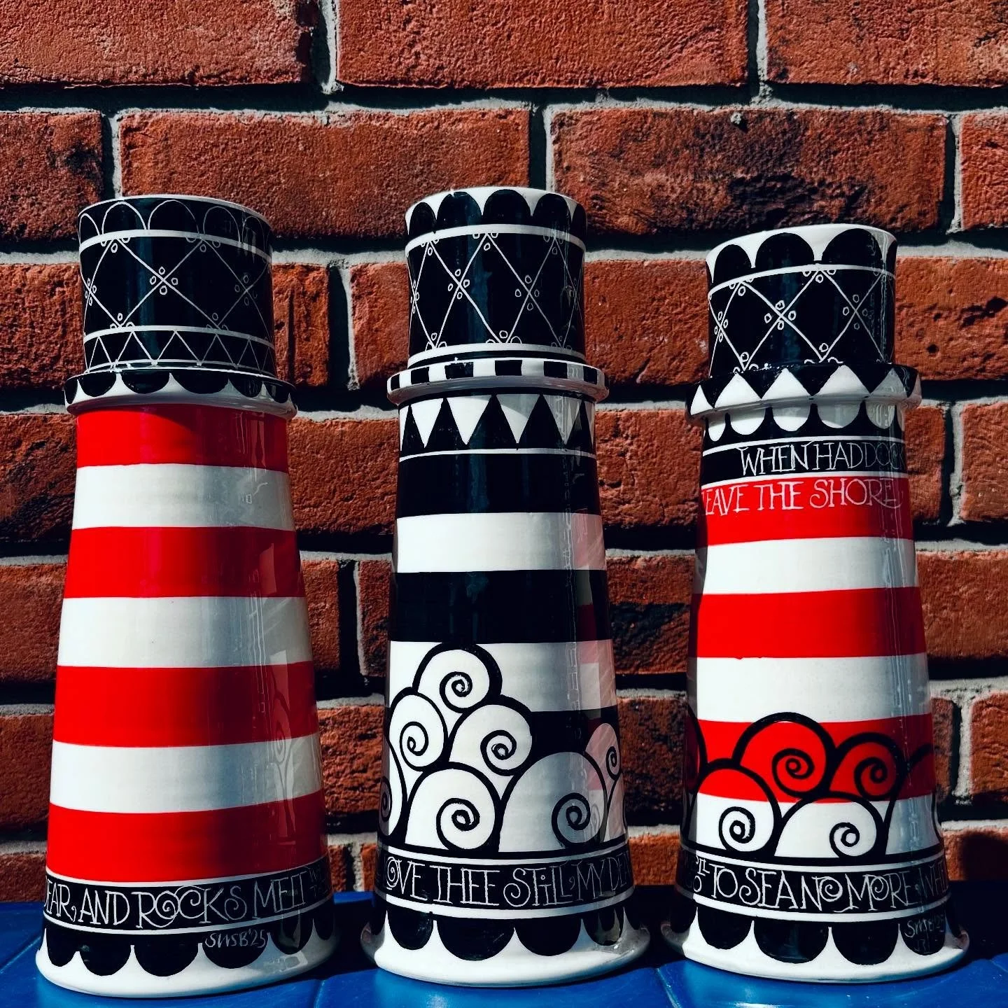 Lighthouses
⭐️stripy lighthouse candlesticks came out the kiln yesterday.  You could see the lighthouse on Inchkeith from my bedroom window when I was growing up and I used to go to sleep counting the flashes🌟🌟🌟🌟🌟
@pittenweemartsfestival @bistro