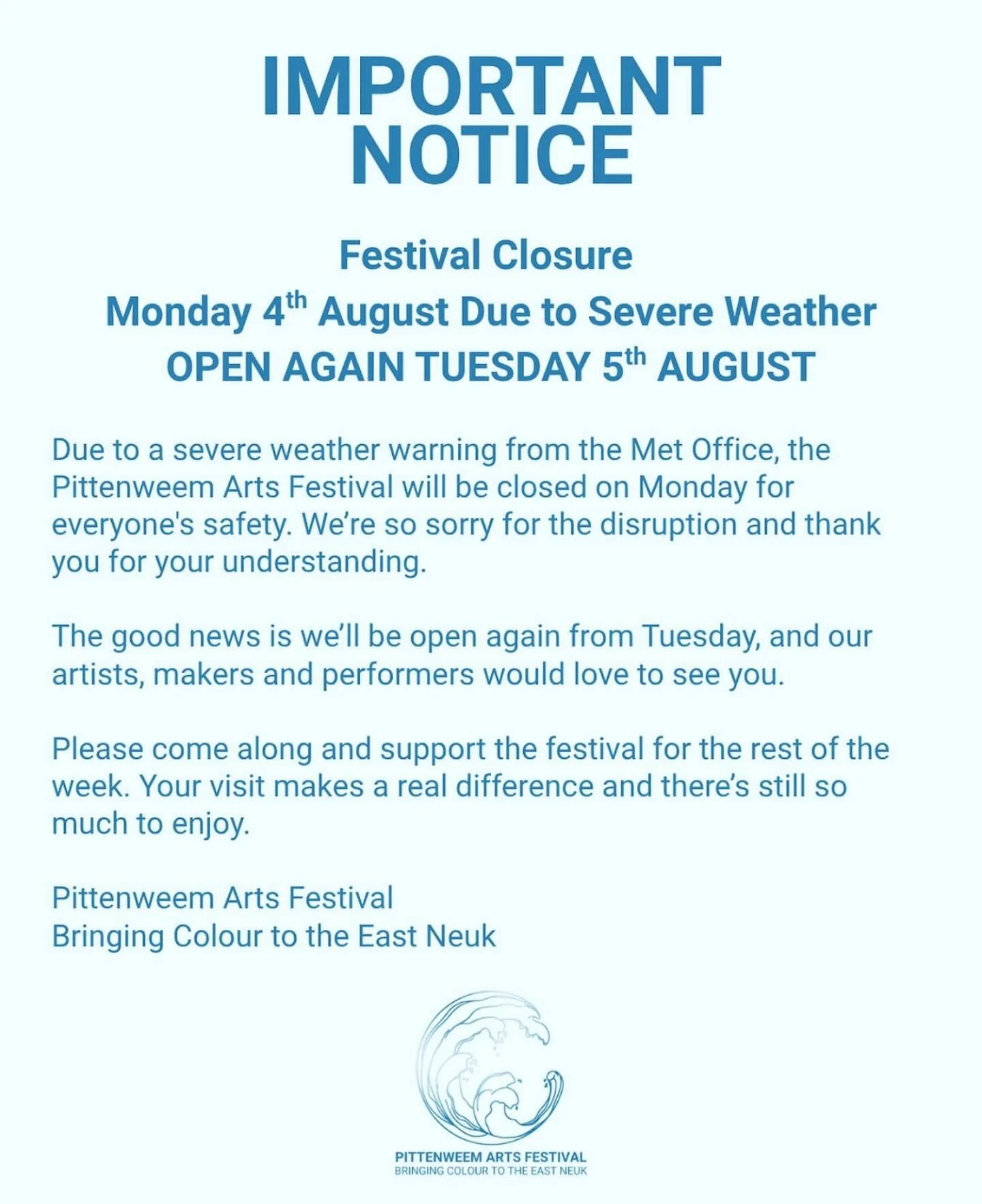 CLOSED for the day!! 
💨💨💨💨💨💨💨💨💨💨💨💨💨
🌊🌊🌊🌊🌊🌊🌊🌊🌊🌊🌊🌊☹️
@pittenweemartsfestival will be Closed on Monday due to weather but open as normal from Tuesday x