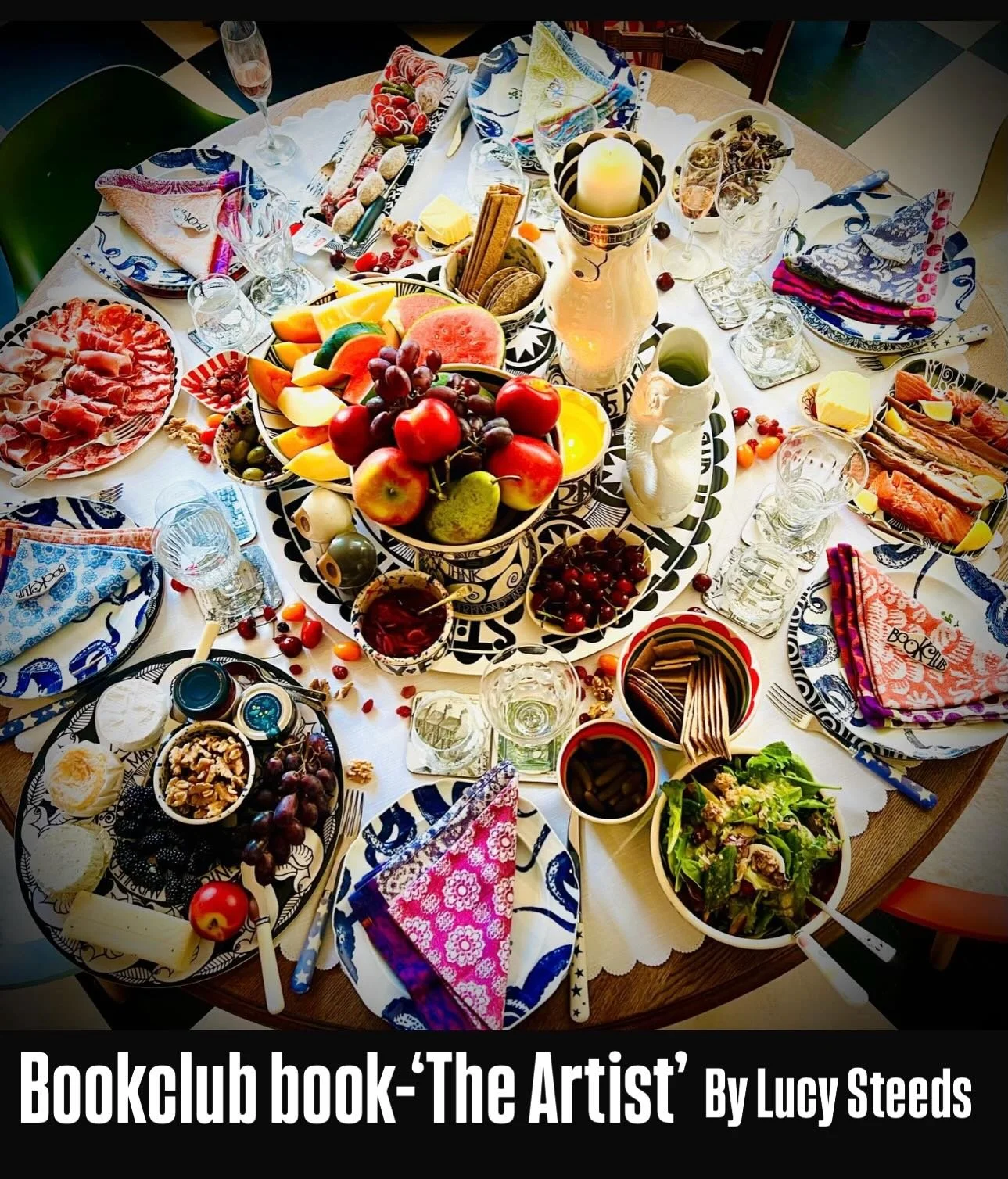 Bookclub📚🍷
Book-The Artist by Lucy Steeds
Theme from book-The Feast
@lucysteeds -Amazing book! 
Totally indulged one of my favourite things to do-setting a table😃🥰 🍒🍇🍋&zwj;🟩🍐🥖🧈🥂
@jojococandles #tablesetting #moreismore 
&hearts;️