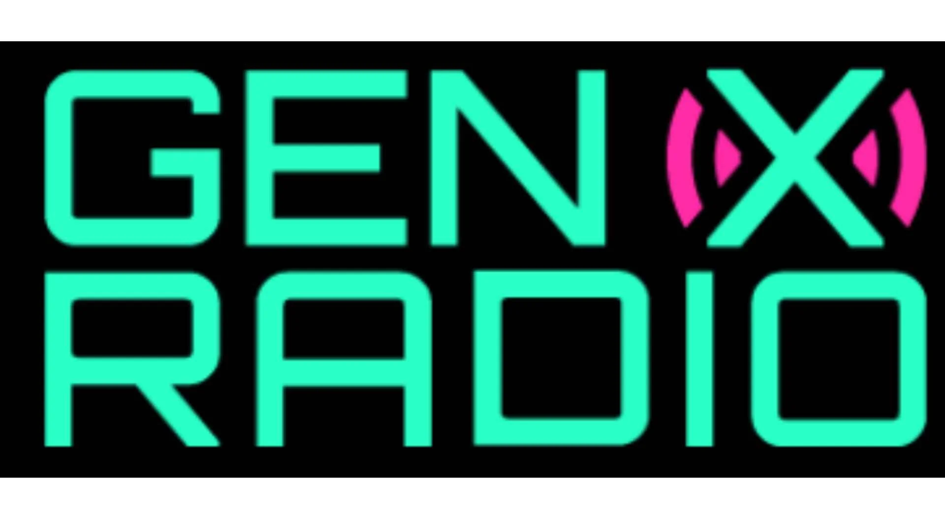 Neon sign that reads 'GEN X RADIO' in bright turquoise and pink letters on a black background.