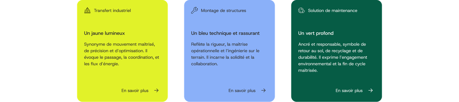 Les trois couleurs d'offre TMT Industrie — jaune lumineux pour le transfert, bleu technique pour le montage, vert profond pour la maintenance