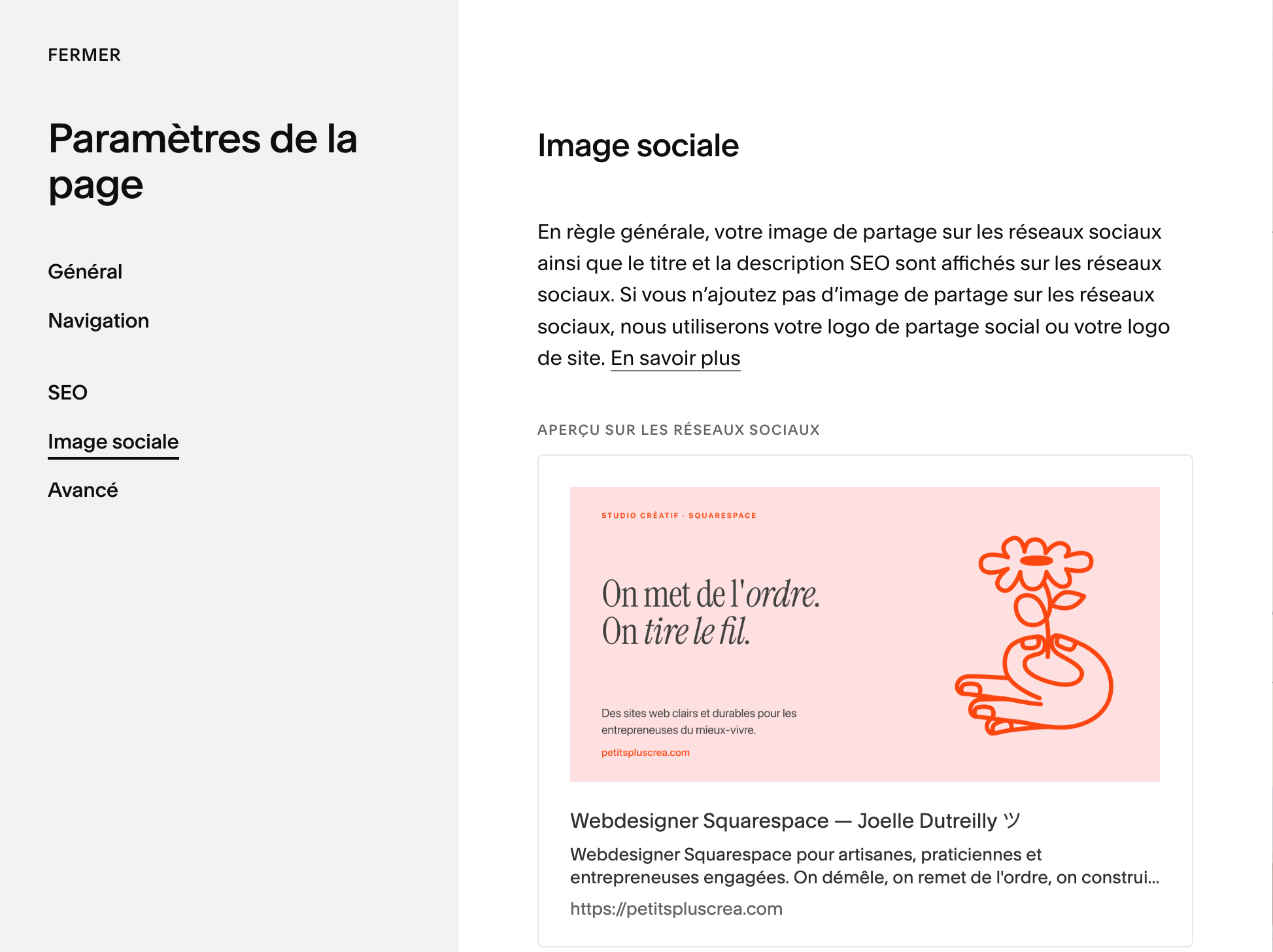 Capture d'écran — l'onglet Image sociale des paramètres d'une page Squarespace, avec l'aperçu du lien et l'emplacement pour ajouter une image.