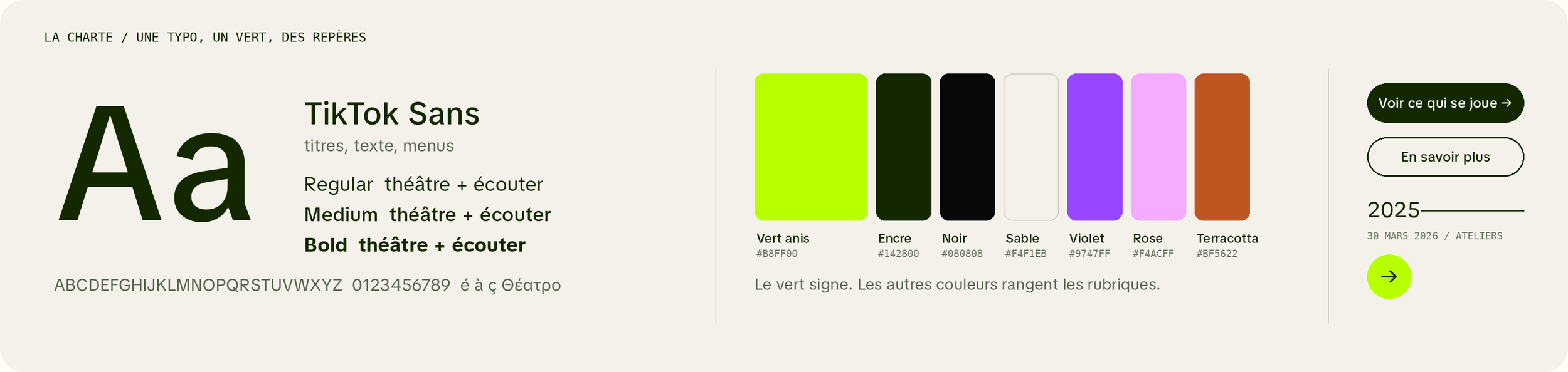 Charte du site Thalie : la typo TikTok Sans, la palette (vert anis, encre, noir, sable, violet, rose, terracotta) et les boutons