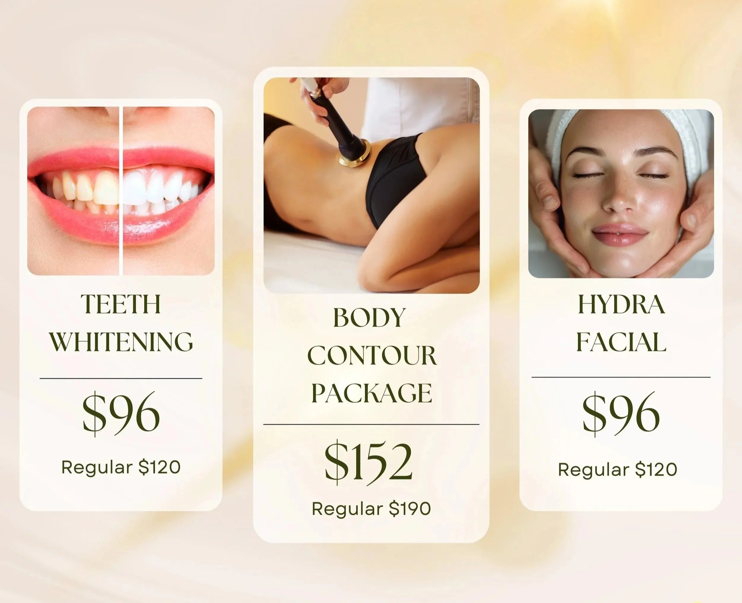 A collage of images showing teeth whitening, body contouring, and Hydra facial treatments, with prices listed below each service.