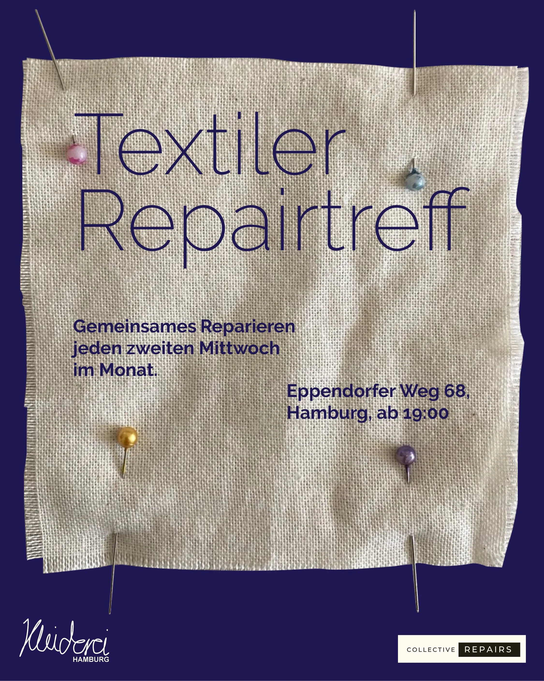 Flyer des monatlich stattfindenden Textilen Repairtreffs in der Kleiderei Hamburg
