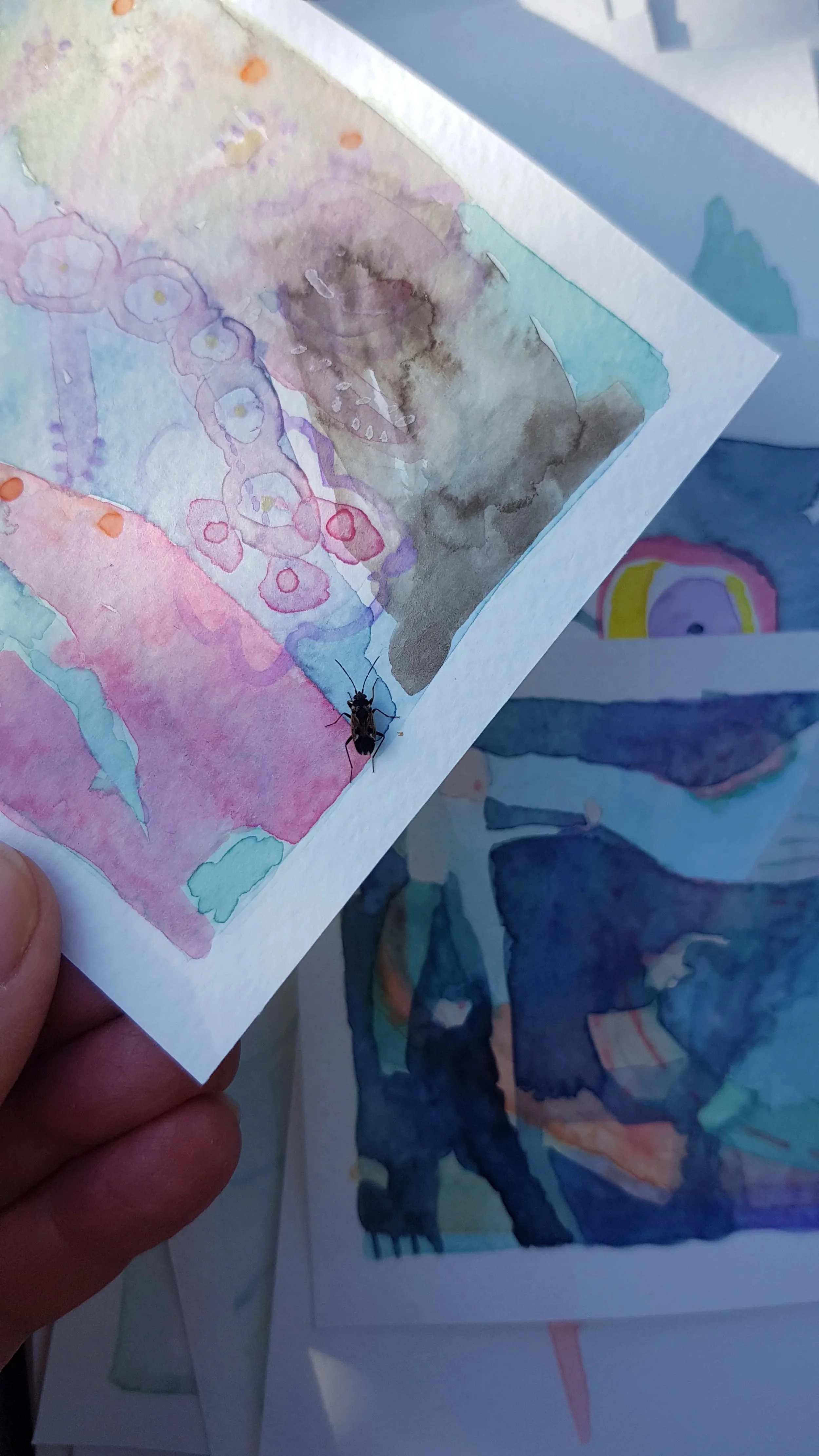 ein Insekt sitzt auf buntem Aquarellbild, dass von der Künstlerin über anderen Aquarellen gehalten wird