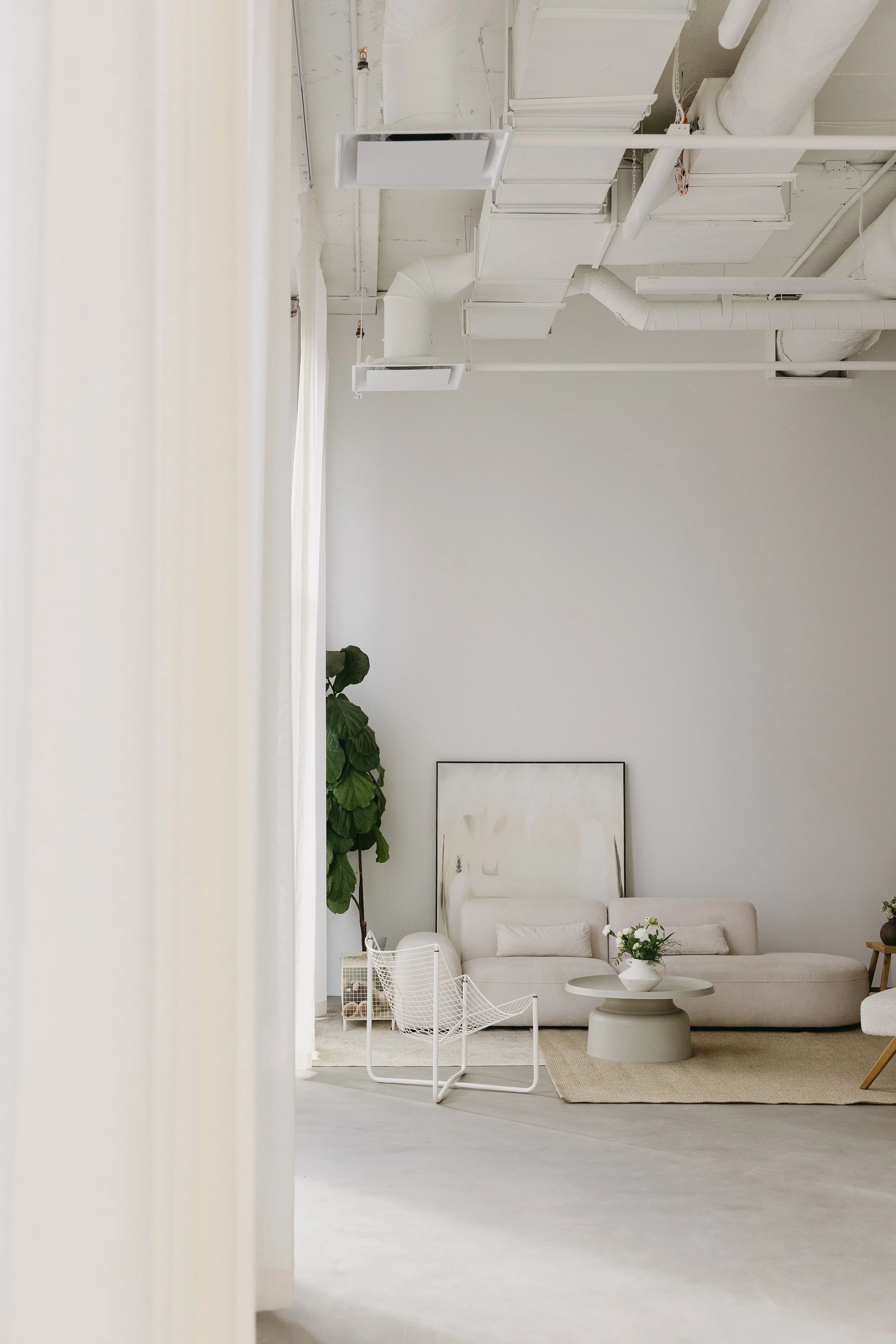 Salon minimaliste avec canapé blanc, tableau abstrait, plante verte, fauteuil en fil, table basse ronde avec fleurs, murs blancs, plafond avec ventilation et tuyaux blancs.