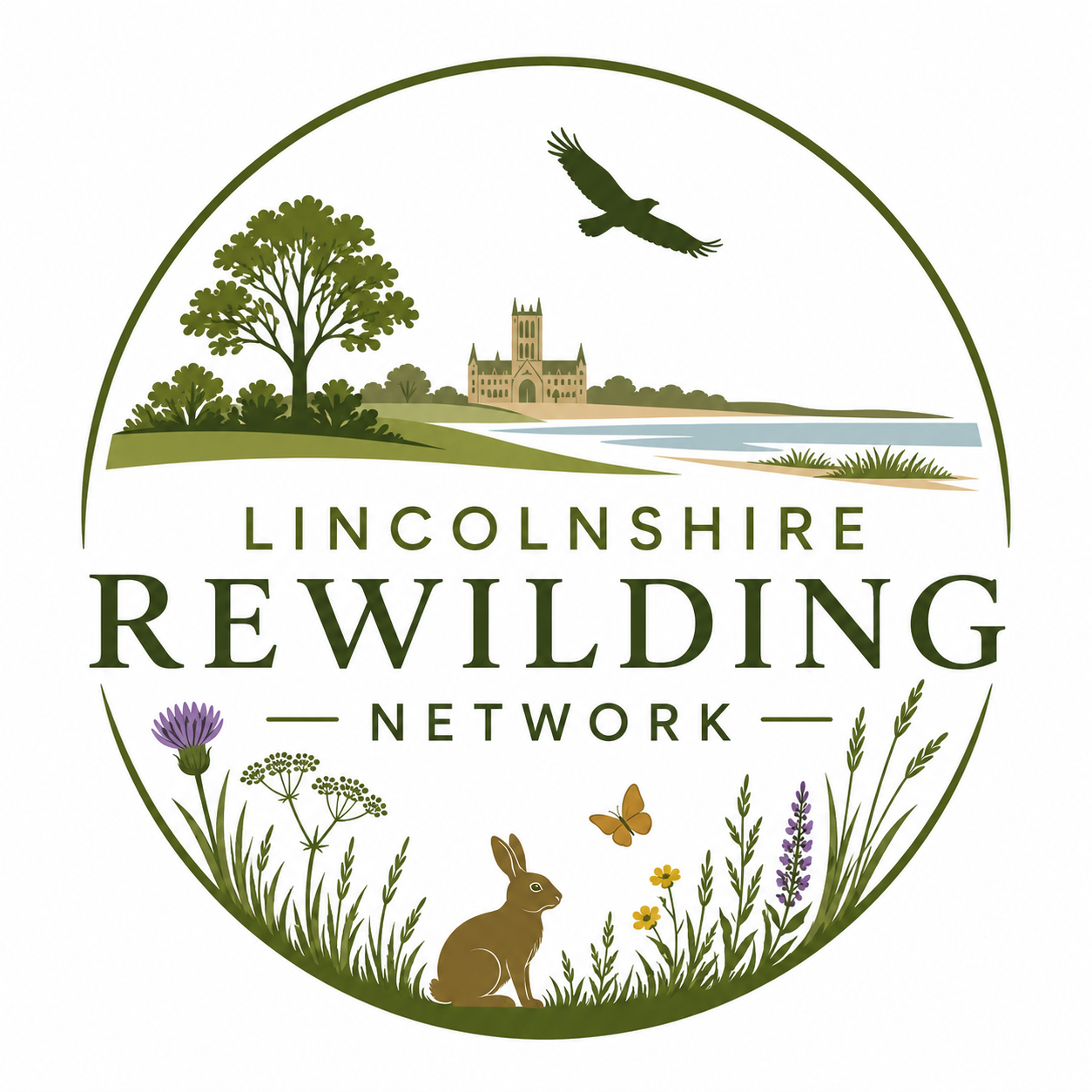 Logo for Lincolnshire Rewilding Network featuring a lake, a castle, trees, a rabbit, a butterfly, a bird, and various plants and flowers.
