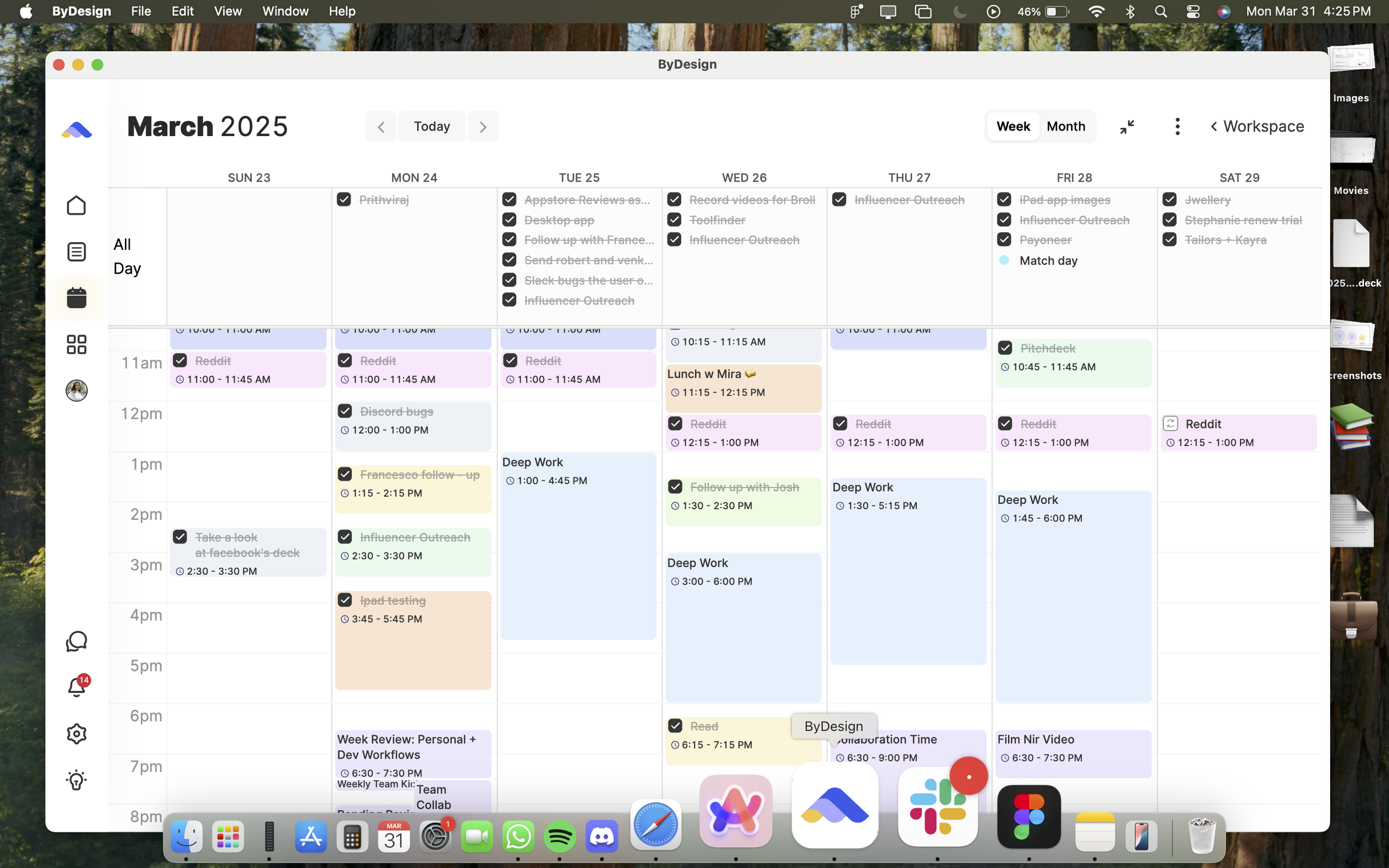 Screenshot of ByDesign desktop app showing a March 2025 weekly calendar with color-coded tasks and events