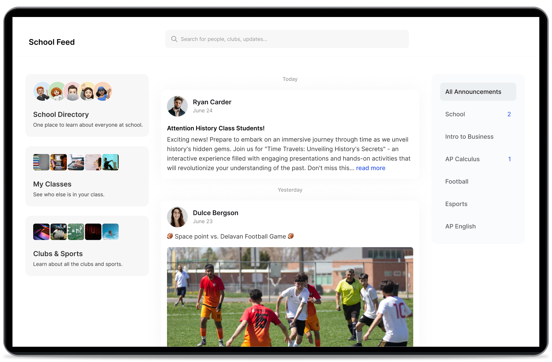 A digital school feed interface showing messages, class updates, and a photo of children playing soccer outdoors.