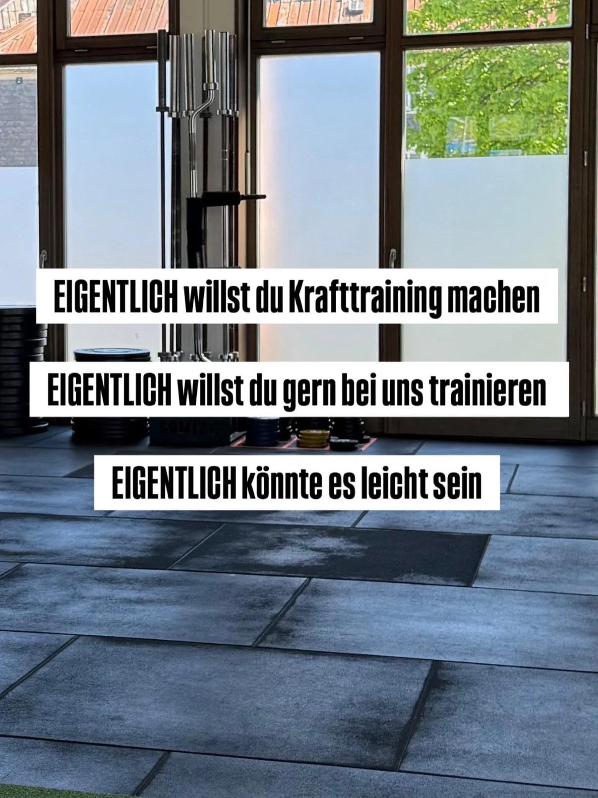 EIGENTLICH willst du Krafttraining machen
EIGENTLICH willst du gern bei uns trainieren 
EIGENTLICH k&ouml;nnte es leicht sein

Aber irgendwas in dir erz&auml;hlt dir immer wieder: 

Du kannst nicht mithalten
Die anderen sind alle schon Profis
Den Ein
