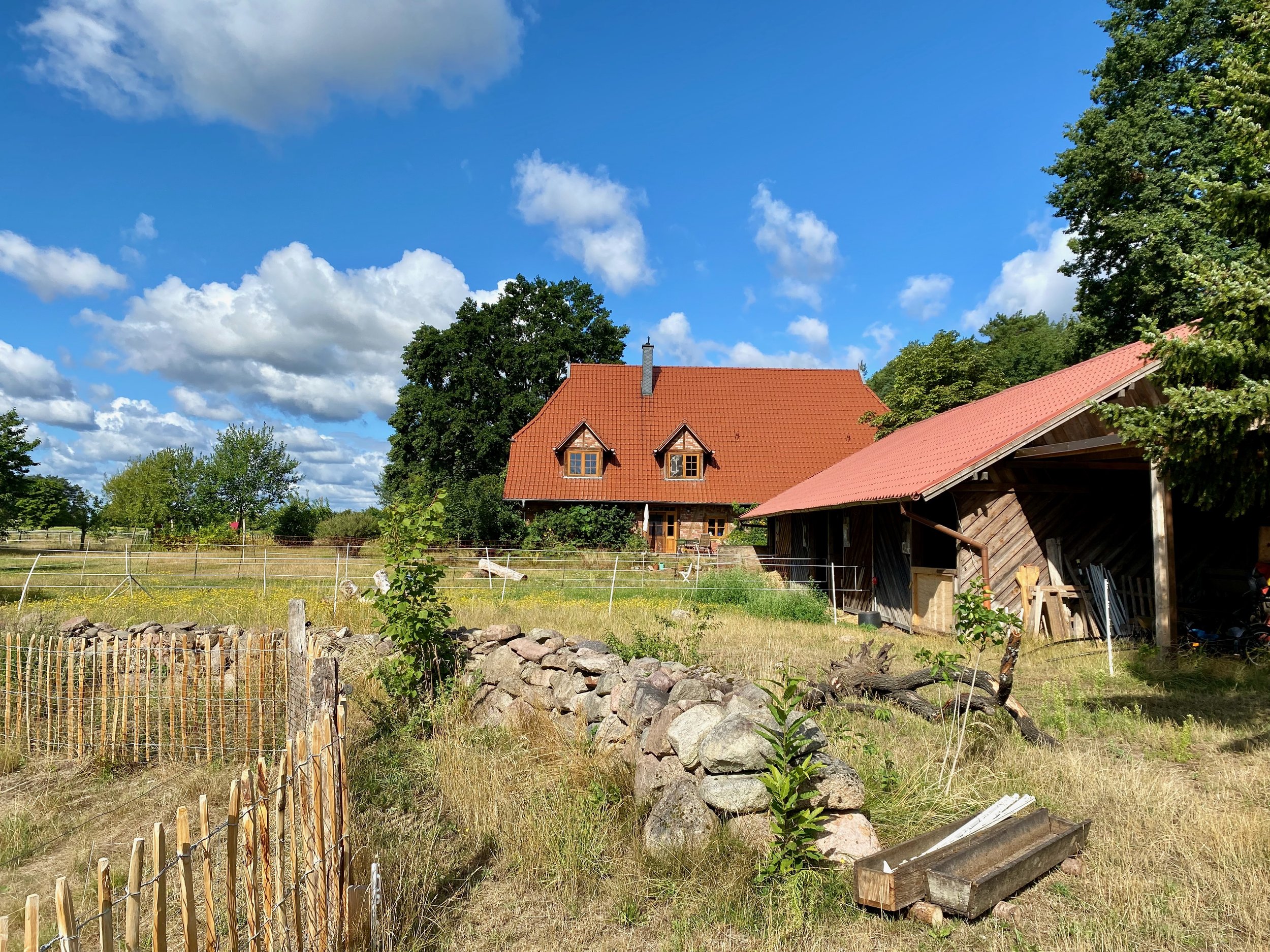 Ruraler Bauernhof mit roten Dächern, umgeben von Bäumen und grünem Gras unter einem blauen Himmel mit Wolken.