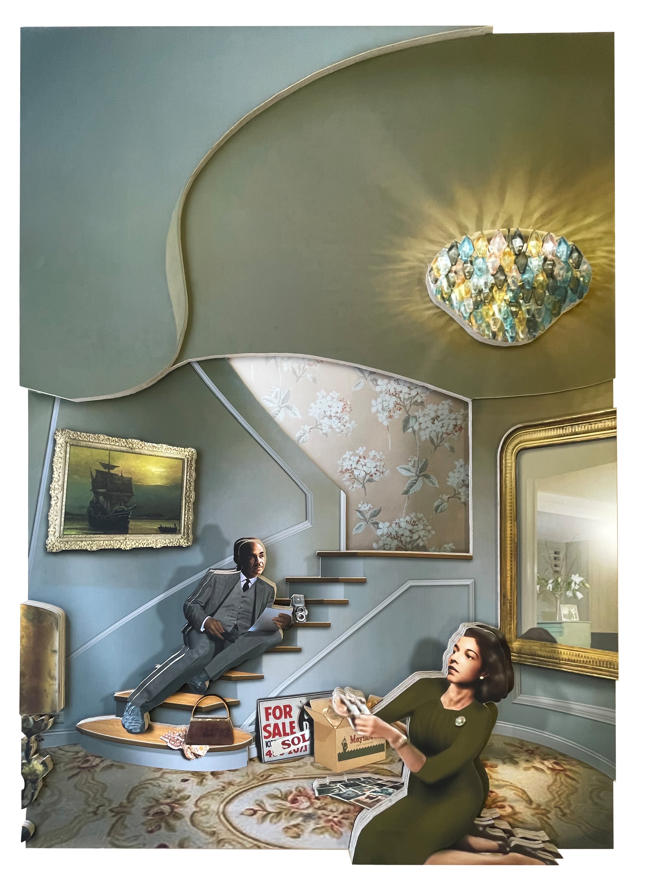 SOLD (WE HAD TO DEAL WITH WHAT HAD PASSED), 2023, Mixed media collage in relief on wood panel, 63 × 45 × 2 in | 160 × 114.3 × 5.1 cm