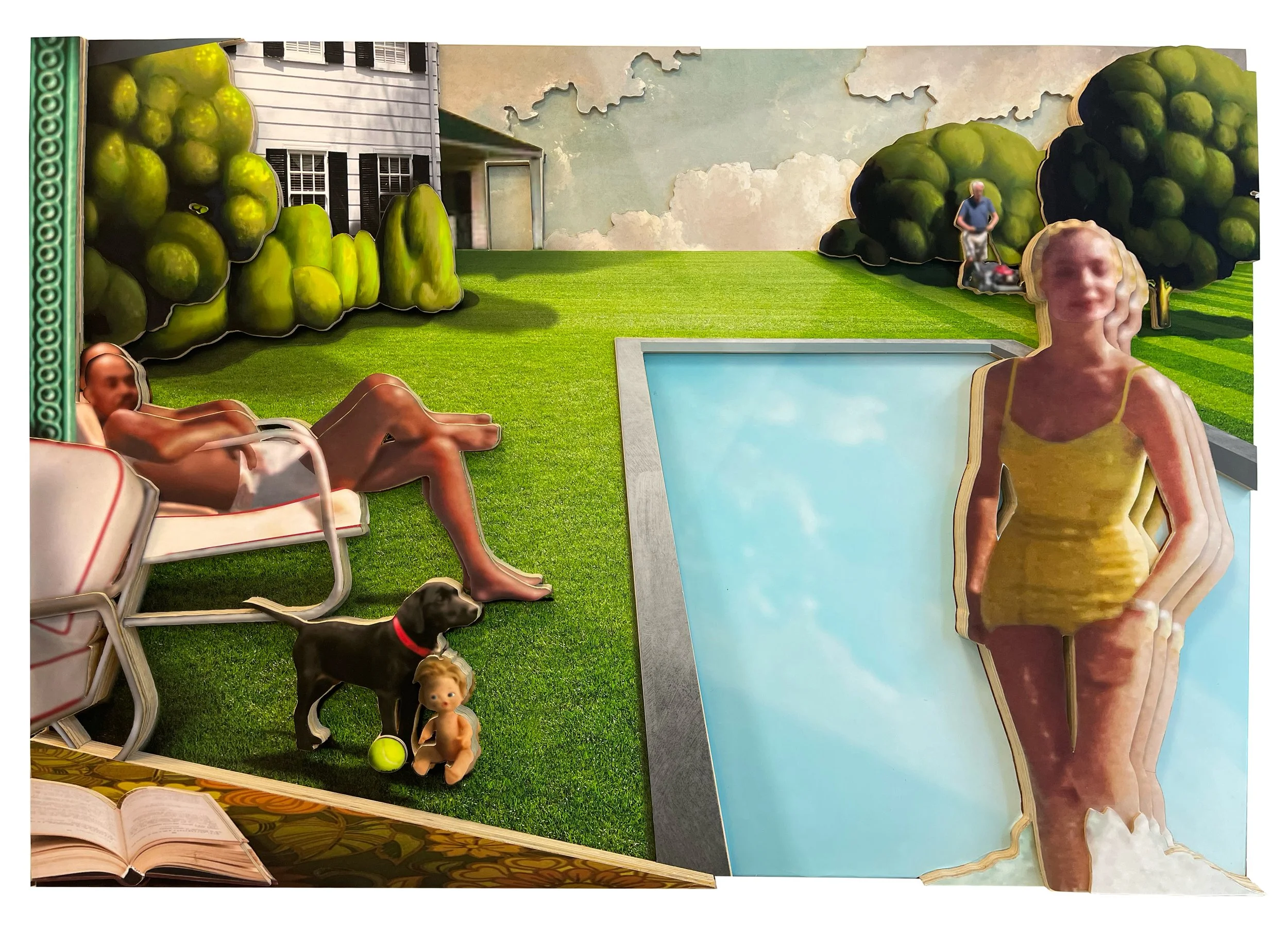 POOLSIDE (THEY CAN'T BOTHER US TODAY), 2023, Mixed media collage on wood panel
