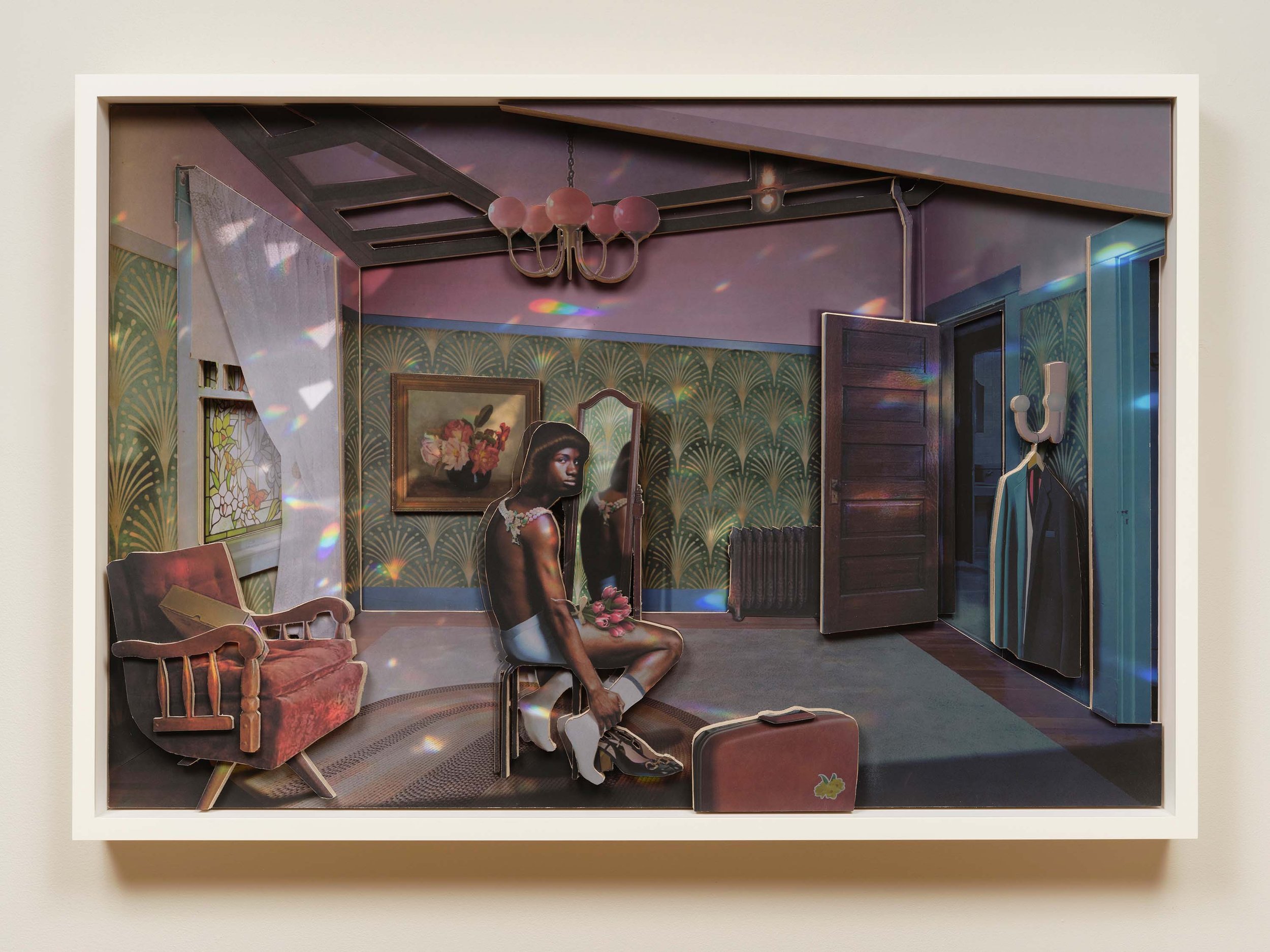 NARCISSUS (MAYBE IT'S TIME), 2024,
Mixed media collage in relief on wood panel, framed 24 × 36 × 2 in | 61 × 91.4 × 5.1 cm 