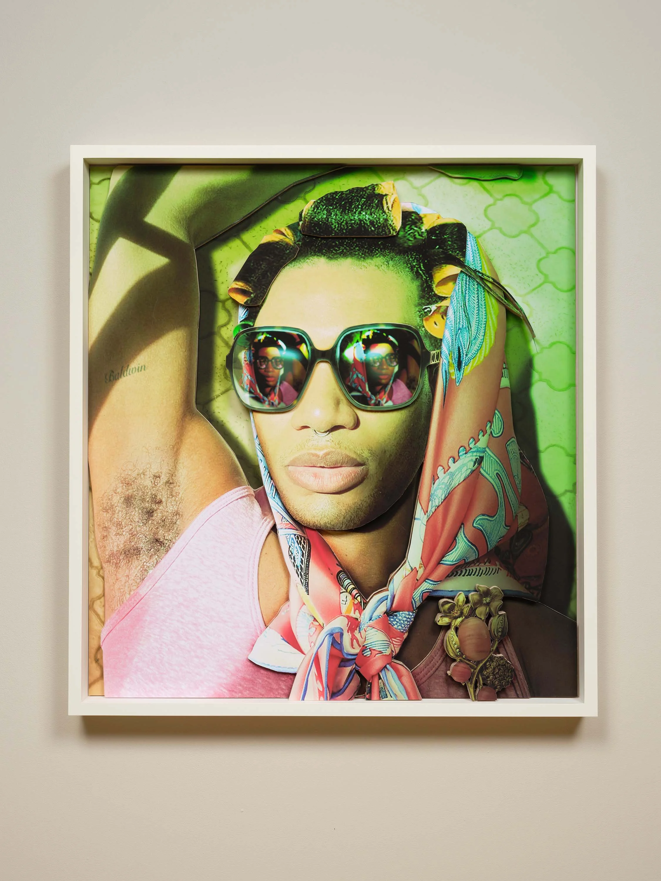 NARCISSUS IN ROLLERS, 2024,
Mixed media collage in relief on wood panel
framed 31 1/2 × 29 × 2 in | 80 × 73.7 × 5.1 cm 