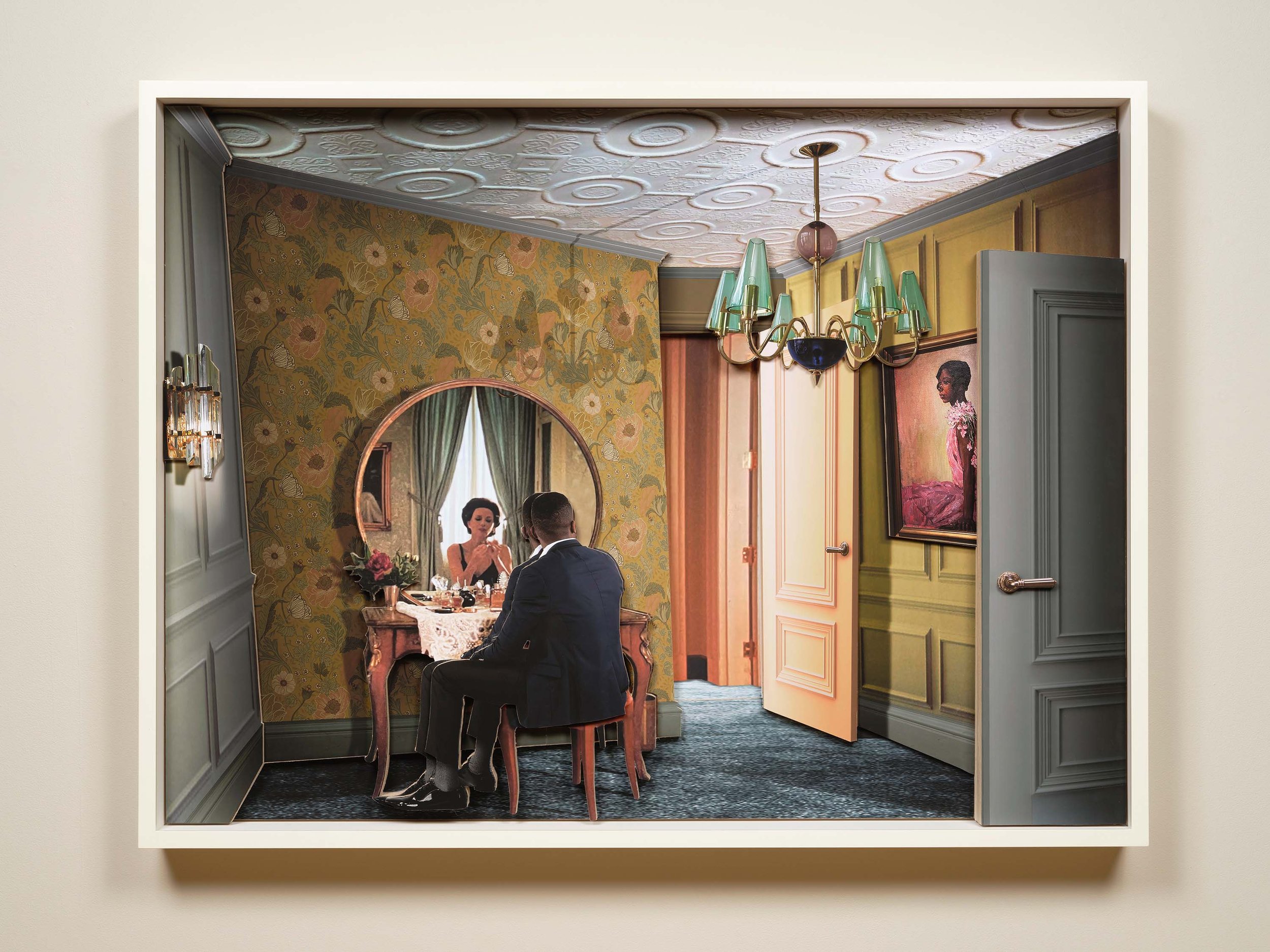 NARCISSUS AND ECHO, 2024,
Mixed media collage in relief on wood panel,
framed 32 × 42 1/2 × 3 in | 81.3 × 108 × 7.6 cm 