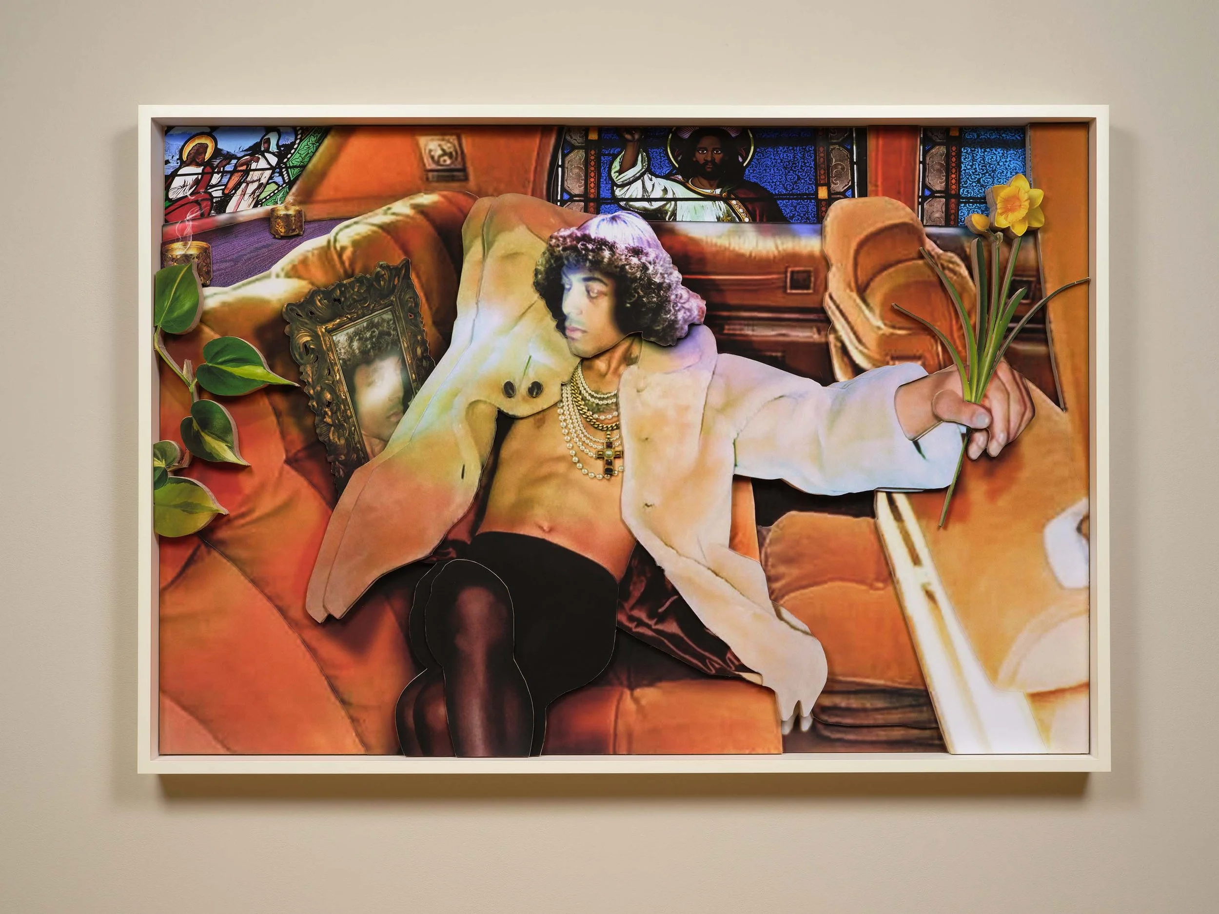 NARCISSUS IN A FLEETWOOD CHAPEL, 2024,
Mixed media collage in relief on wood panel, framed 37 × 48 × 3 in | 94 × 121.9 × 7.6 cm 