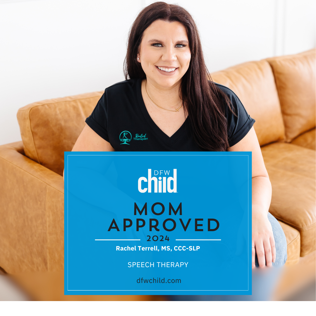 A woman sitting on a tan leather couch, smiling, wearing a black shirt with a logo, holding a sign that reads "DFW Child Mom Approved 2024 Rachel Terrell, MS, CCC-SLP Speech Therapy".