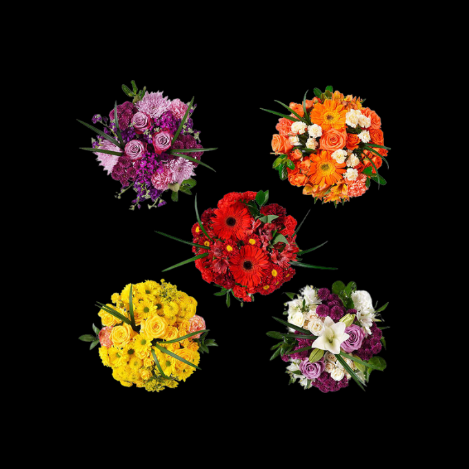 Five colorful floral bouquets arranged in a circle on a black background.