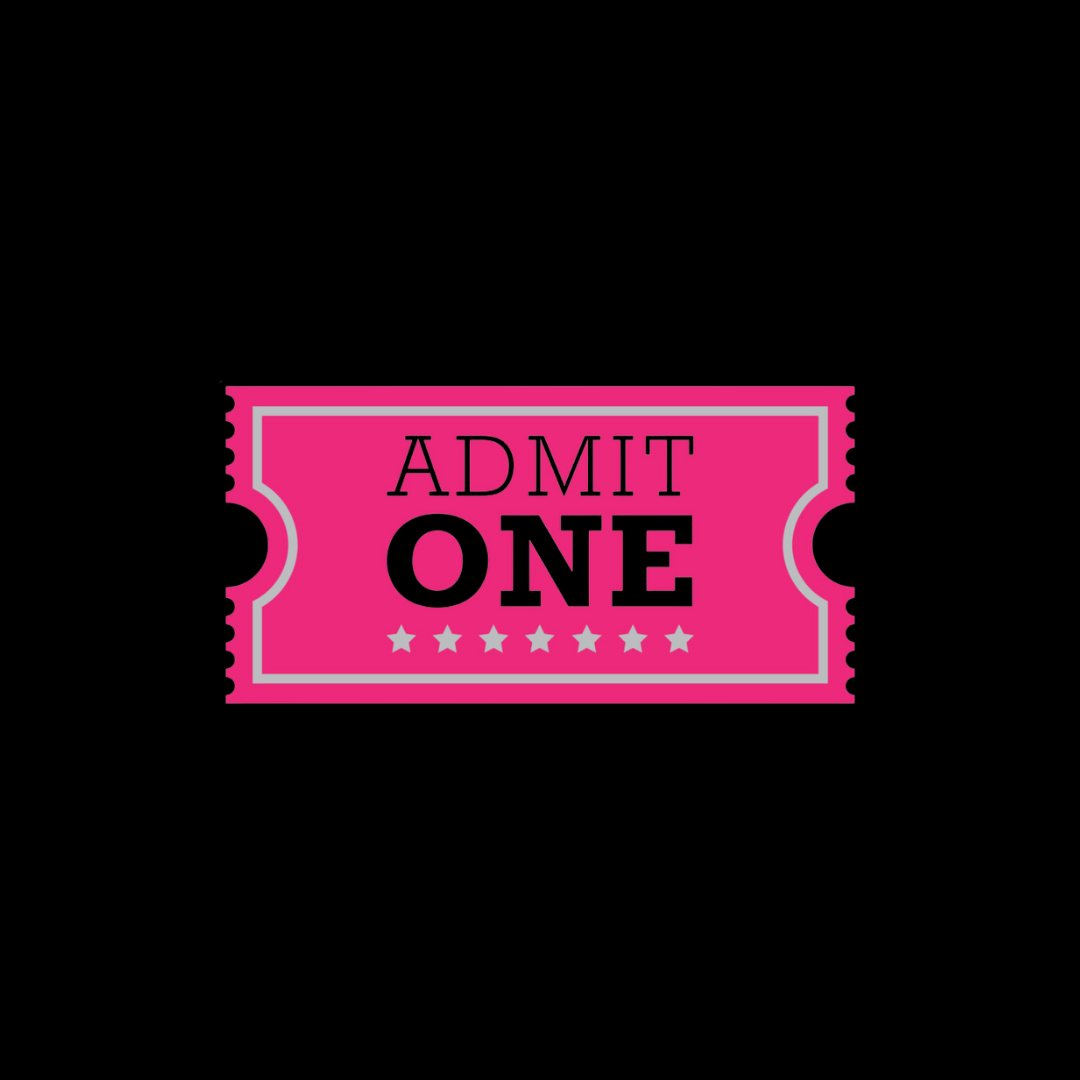 Pink admit one ticket illustration with stars on a black background.