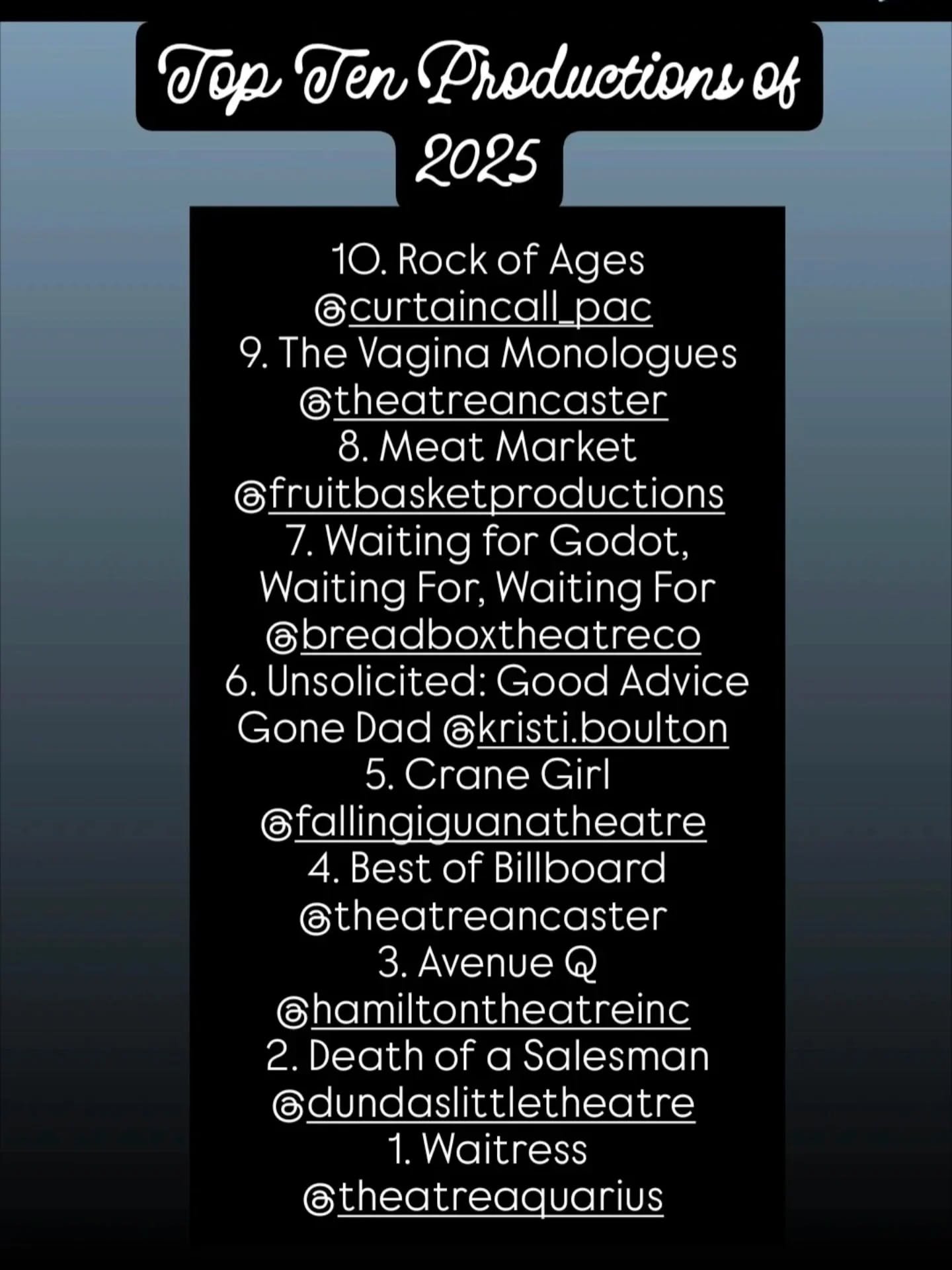 Making Top Tens is never easy, especially when I live in a city that consistently does incredible work artistically and theatrically.

2025 had some truly excellent theatre this year and I was happy seeing how companies have grown, adapted and excell
