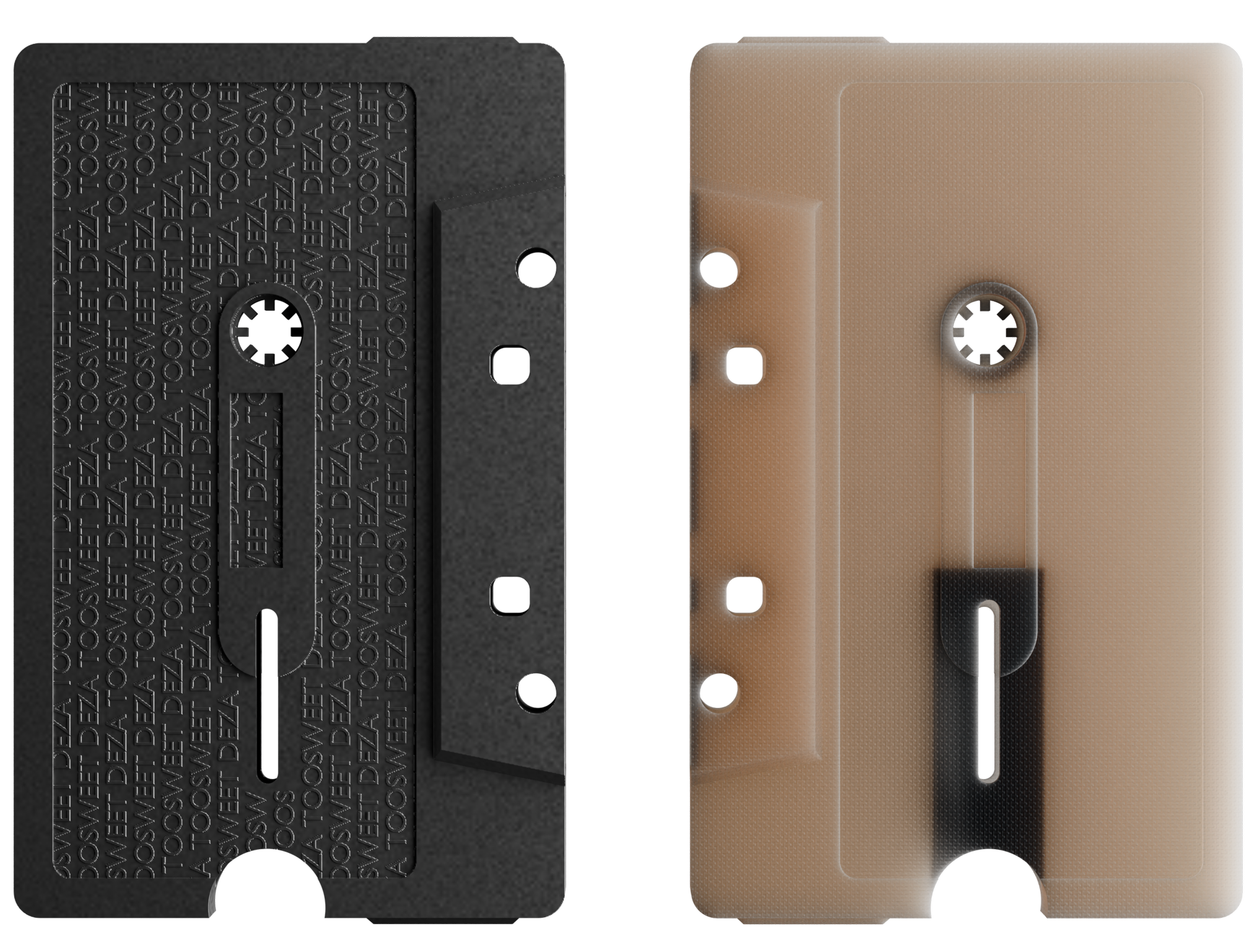 Two vintage cassette tapes, one black and one beige, positioned vertically side by side.