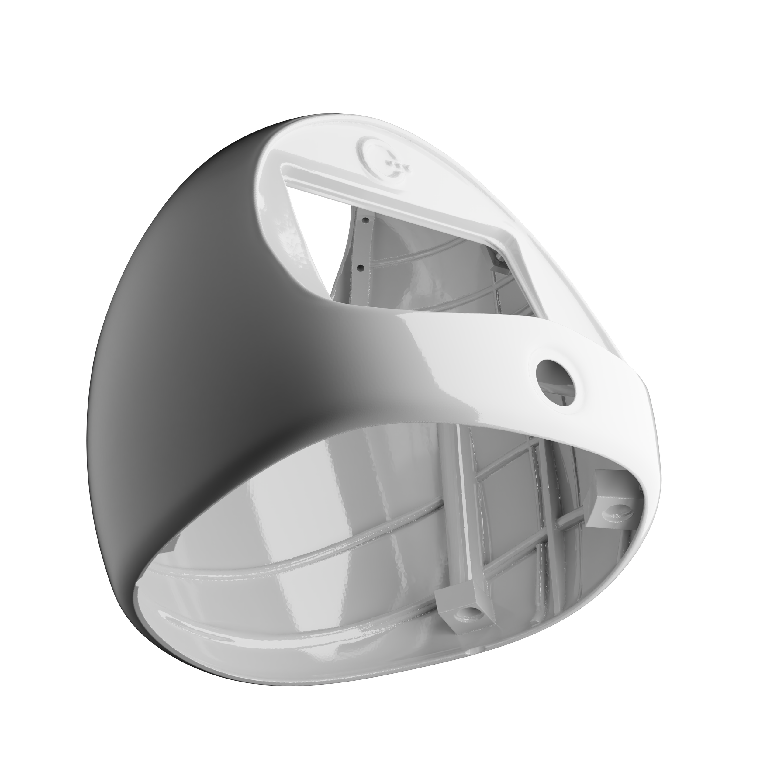 3D rendering of a white, futuristic, enclosed helmet or mask with a transparent visor and circular openings on the front and side, against a black background.