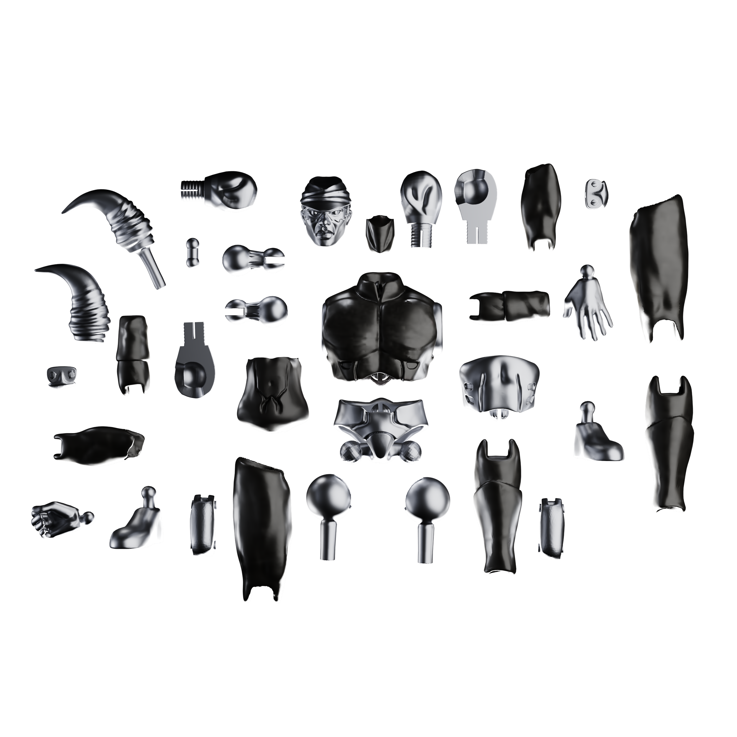 A collection of black robot parts, including heads, arms, legs, torsos, and hands, arranged on a black background.