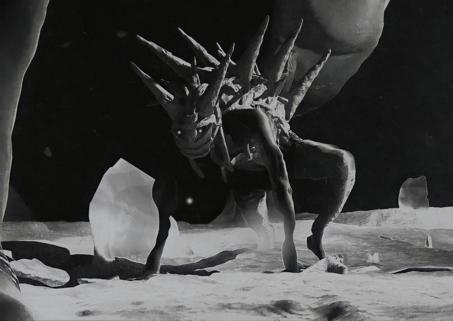 A black and white painting or illustration of a large, dragon-like creature with antlers, standing on a rocky terrain under a dark sky with a planet or moon in the background.