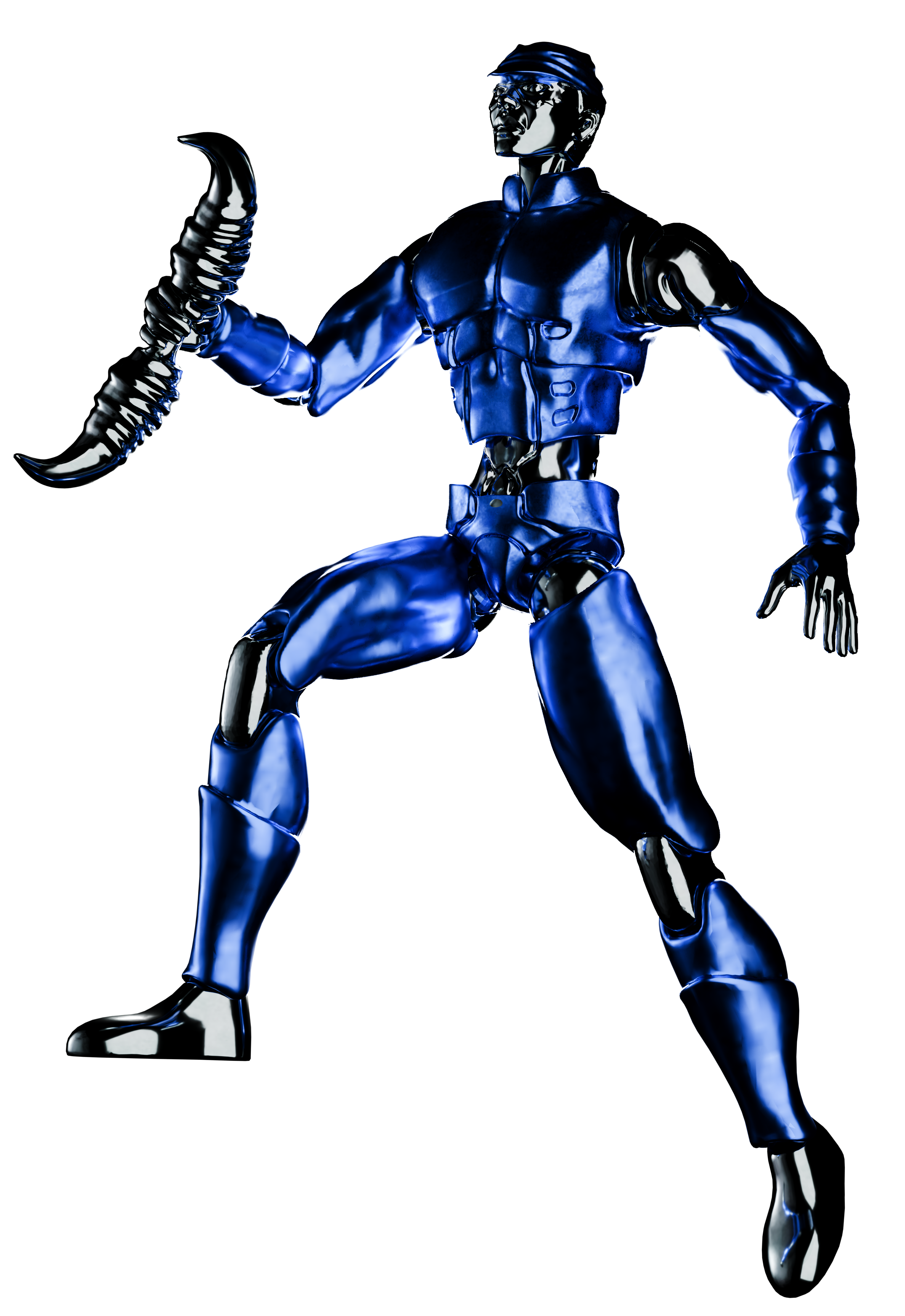 A futuristic robot with a shiny metallic blue and black exoskeleton, holding a coiled whip in its right hand.