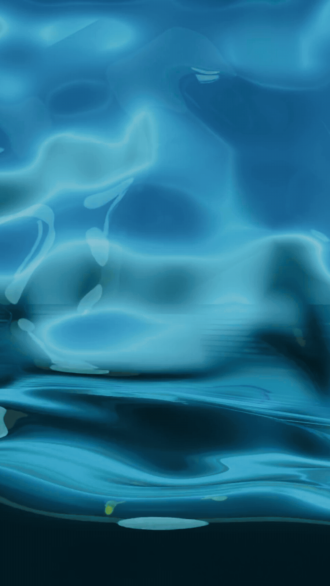 Abstract blue and teal swirling water pattern with reflections and light streaks.