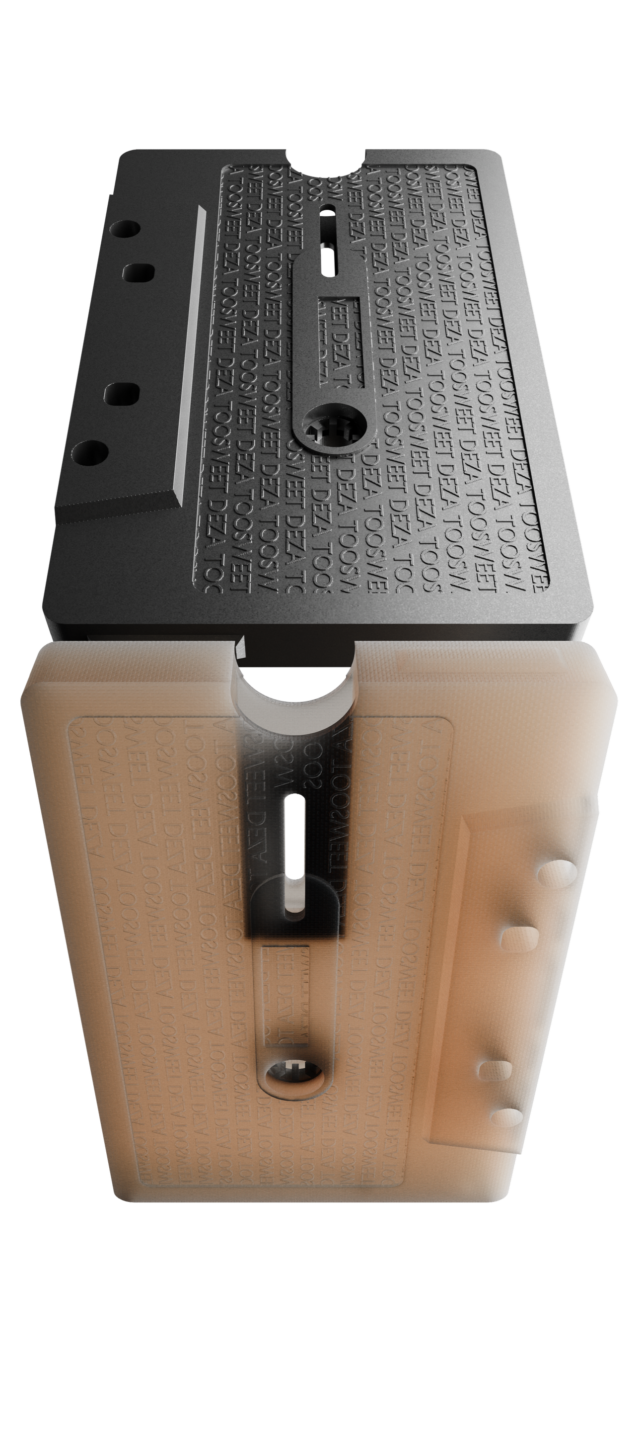 A close-up view of a cassette tape with a black top and transparent bottom, showing the spool and tape inside against a black background.