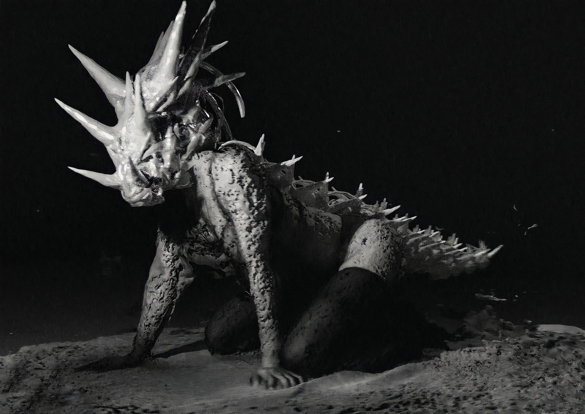 Black and white photo of a large, spiky dinosaur with armor-like skin, horns on its head, and a row of spikes along its back, standing on rocky terrain.