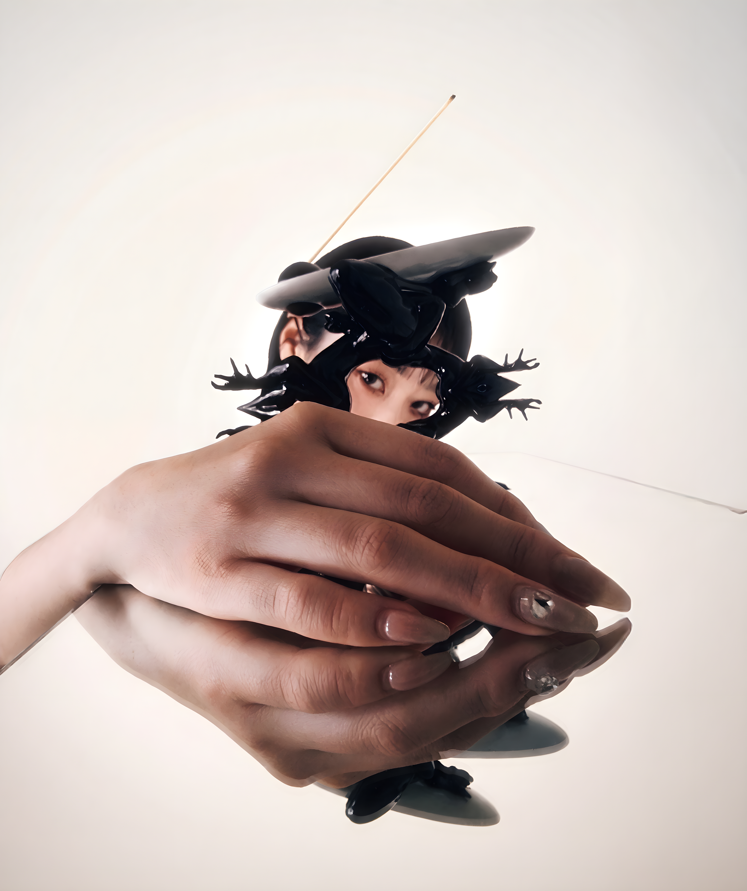 A person's hand holding a glossy black beetle with an elongated body and a leaf-shaped tail, against a plain light background.