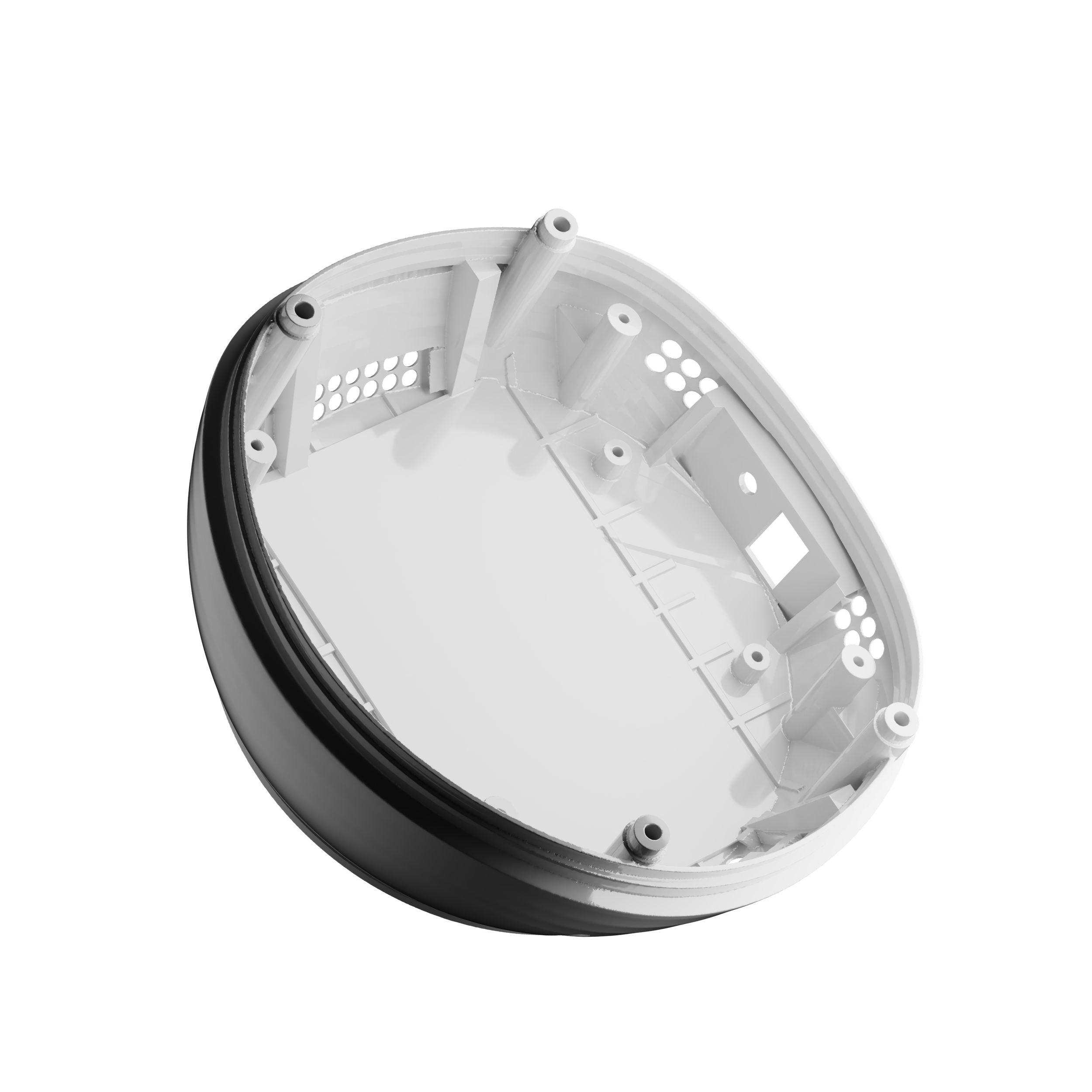 Interior view of a white plastic device casing with mounting pegs and ventilation holes, against a black background.