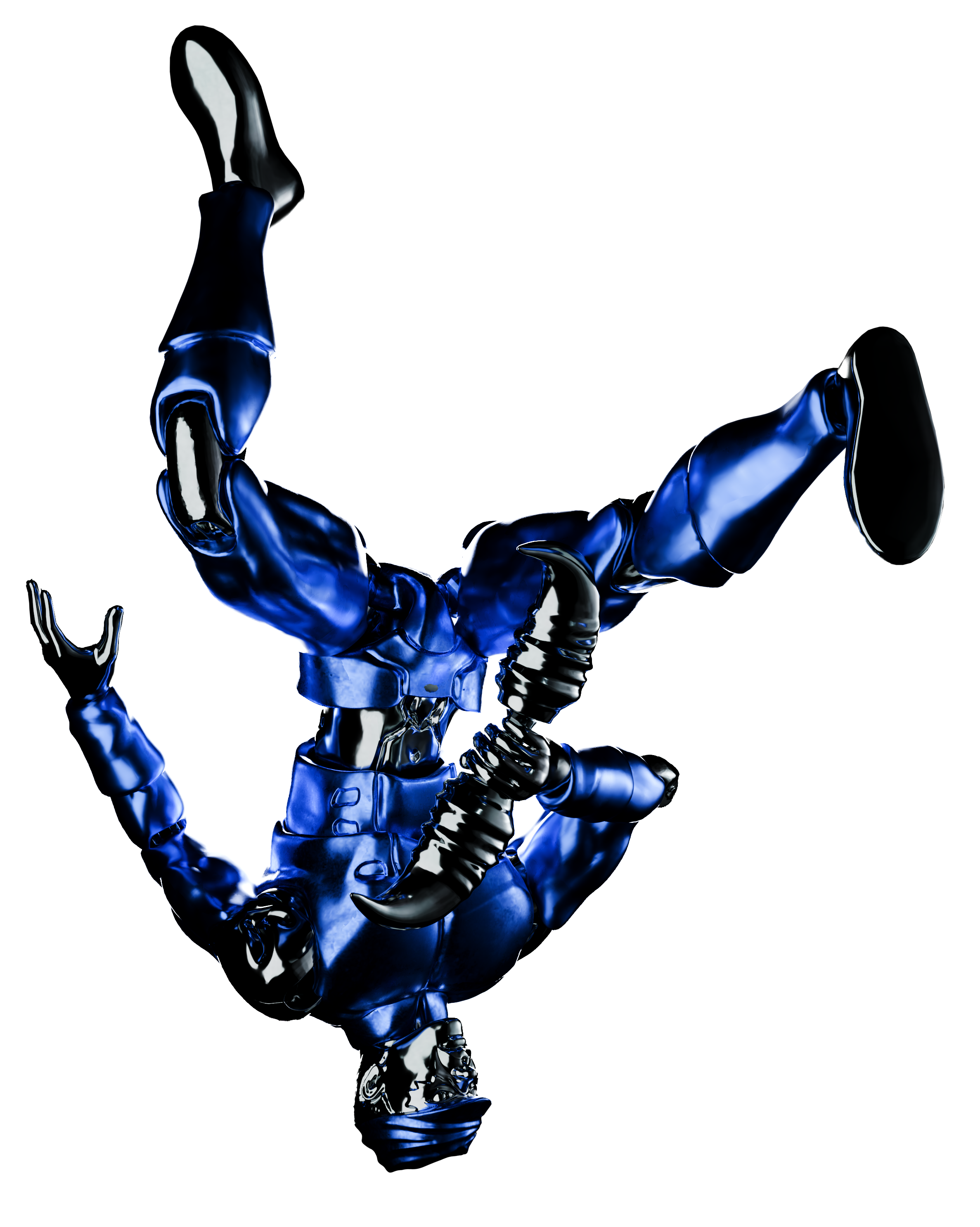 Futuristic robot in metallic blue armor performing a handstand against a black background