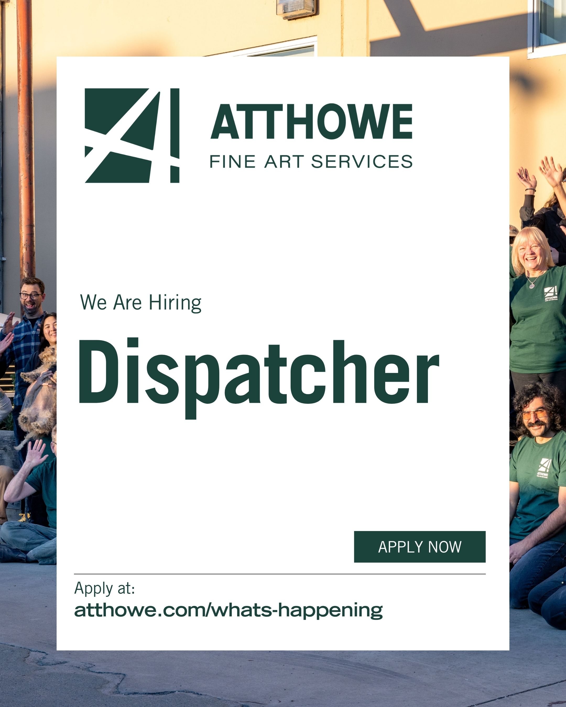 Atthowe job posting for a Dispatcher. Shows apply button and staff in the background of the design.